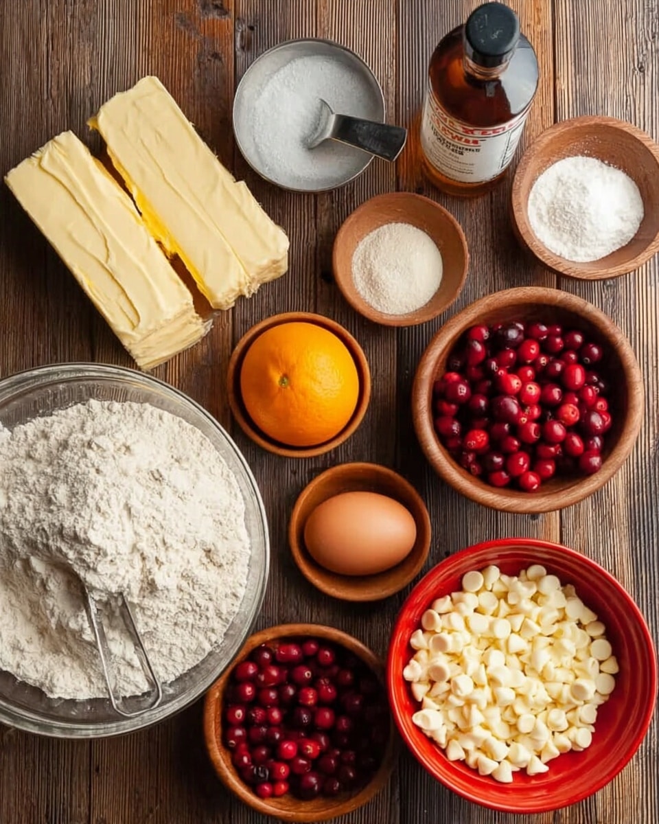 The image shows a flat lay of baking ingredients on a wooden surface, including two sticks of butter, a measuring cup filled with white granulated sugar, a bottle of vanilla extract, a large glass bowl full of white flour with a metal scoop inside, a bright orange, an egg, a small wooden bowl of salt, a small orange bowl of baking powder, a small wooden bowl with fresh red cranberries, and a small red bowl filled with white chocolate chips. All items are neatly placed, showing their colors and textures clearly. photo taken with an iphone --ar 4:5 --v 7