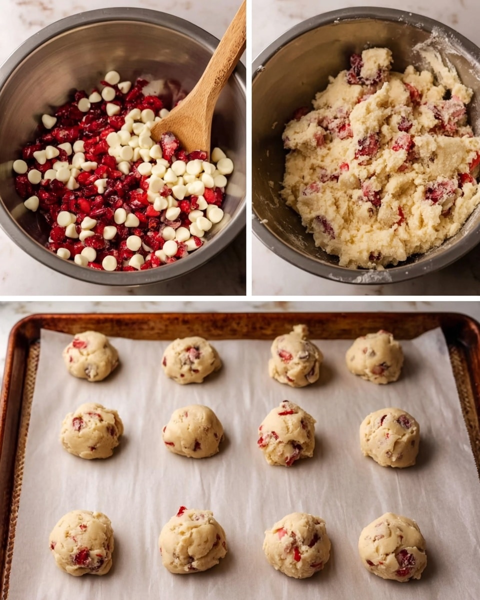 The image shows four stages of making cookies arranged in a grid. The top left part has a close-up of a metal bowl with a wooden spoon and white chocolate chips mixed with red cranberries on top of the dough. The top right part shows the dough fully mixed with white chips and cranberries embedded, with a rough, creamy texture. The bottom left part has small, round dough balls placed evenly on a baking tray lined with parchment paper, each ball showing bits of red cranberries inside. The bottom right part shows the cookies slightly spread out after baking, still round but flatter, with visible white chips and cranberries on the surface. All images are set on a white marbled surface. Photo taken with an iphone --ar 4:5 --v 7
