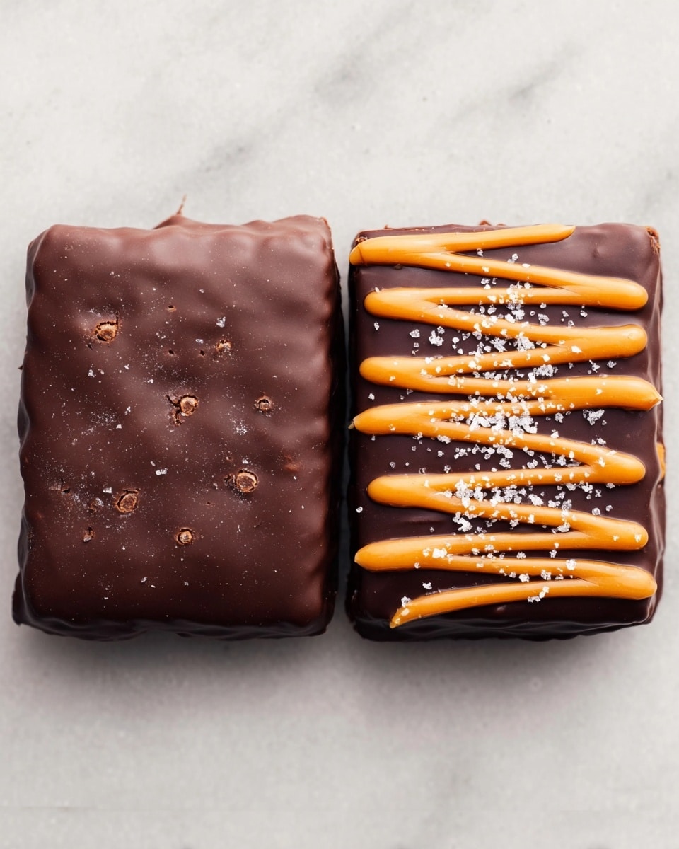 The image shows two square chocolate treats side by side on a white marbled surface. The treat on the left is a smooth dark chocolate square with a few small bubbles on its shiny surface and slightly rounded edges. The treat on the right is also a dark chocolate square but has an orange drizzle in wavy lines across the top, with a sprinkling of coarse salt flakes adding texture and contrast. Both treats have thick chocolate coatings and appear dense, sitting flat on the surface. photo taken with an iphone --ar 4:5 --v 7