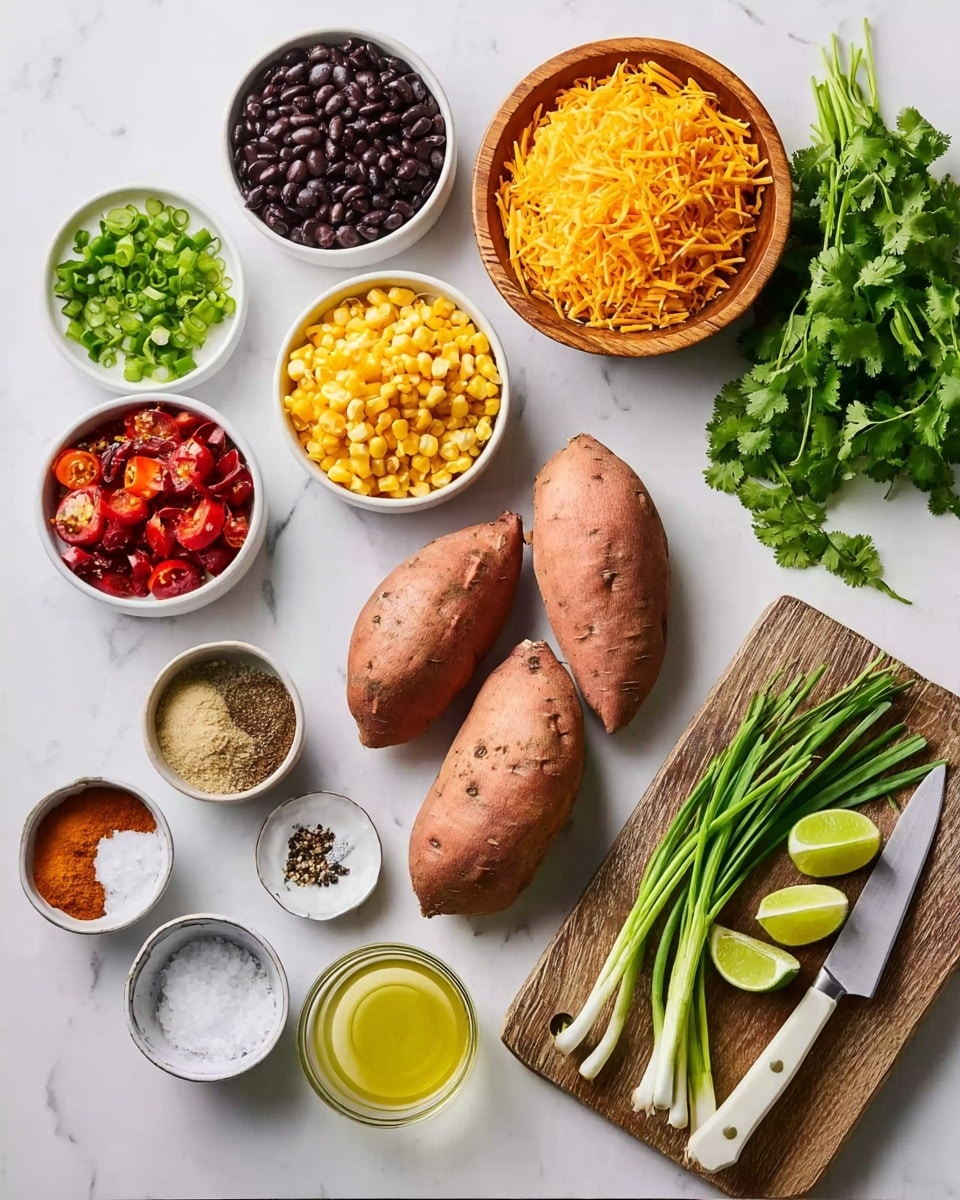 The image shows ingredients neatly arranged on a white marbled surface. In the center, there are two whole sweet potatoes with a wooden cutting board to the right holding a knife, halved lime, green onion stalks, and fresh cilantro. Surrounding them are small white bowls containing black beans, roasted diced tomatoes, corn kernels, and diced green chilies. Additional small bowls hold shredded yellow cheese, salt, olive oil, black pepper, and ground seasonings including cumin and chili powder. The setup is clean and organized, ready for cooking photo taken with an iphone --ar 4:5 --v 7