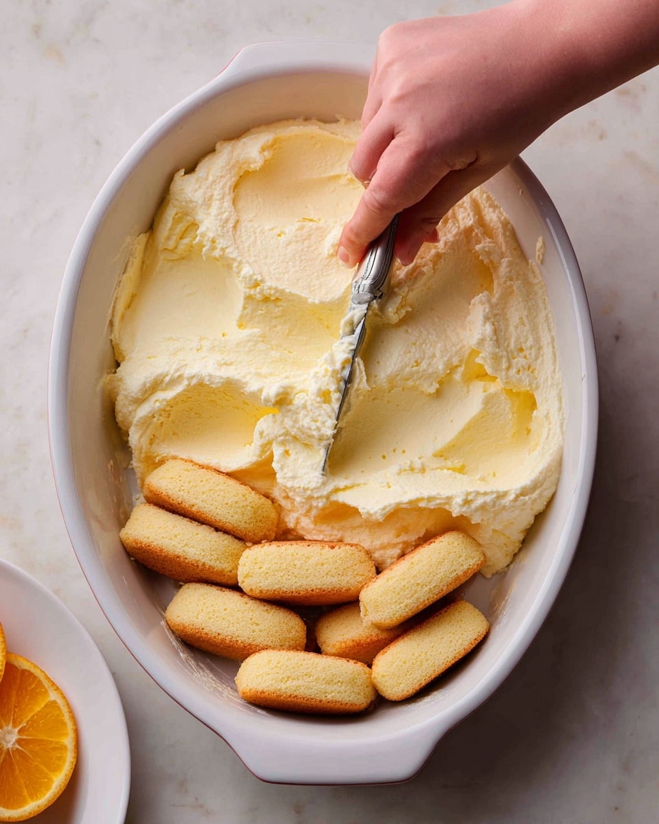 A white oval dish holds a layer of golden brown ladyfinger biscuits arranged neatly at the bottom, with a creamy, pale yellow mixture being spread over the biscuits by a woman's hand holding a butter knife, the cream having a thick and slightly lumpy texture that covers the top of the biscuit layer unevenly. The scene sits on a white marbled surface with a partially visible slice of orange in the corner. photo taken with an iphone --ar 4:5 --v 7