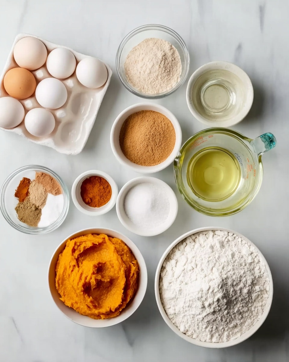 The image shows various baking ingredients placed on a white marbled surface. There are three eggs in a white ceramic tray at the top left. Below them, seven small white bowls contain different spices and powders in shades of light brown, beige, and white. At the center, a white bowl holds bright orange smooth pumpkin puree. To the right, there are two clear glass measuring cups with pale yellow oil and clear water. Next to them, a large white bowl is filled with flour, and below it, another large white bowl contains white granulated sugar. The arrangement forms a neat grid with all ingredients clearly visible. photo taken with an iphone --ar 4:5 --v 7