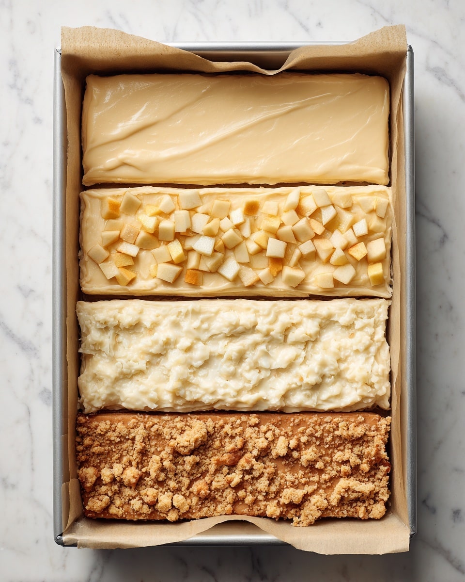 This is a rectangular baking pan lined with parchment paper, placed on a white marbled surface. Inside the pan, there are four layers shown in sequence: the first layer is a smooth, pale yellow dough evenly spread in the pan; the second layer is a slightly thicker, creamy batter with a light beige color, spread over the dough; the third layer consists of small, diced apple pieces with yellow and light brown hues spread evenly over the batter; the fourth and final layer is a crumbly, golden-brown topping sprinkled over the apples. photo taken with an iphone --ar 4:5 --v 7
