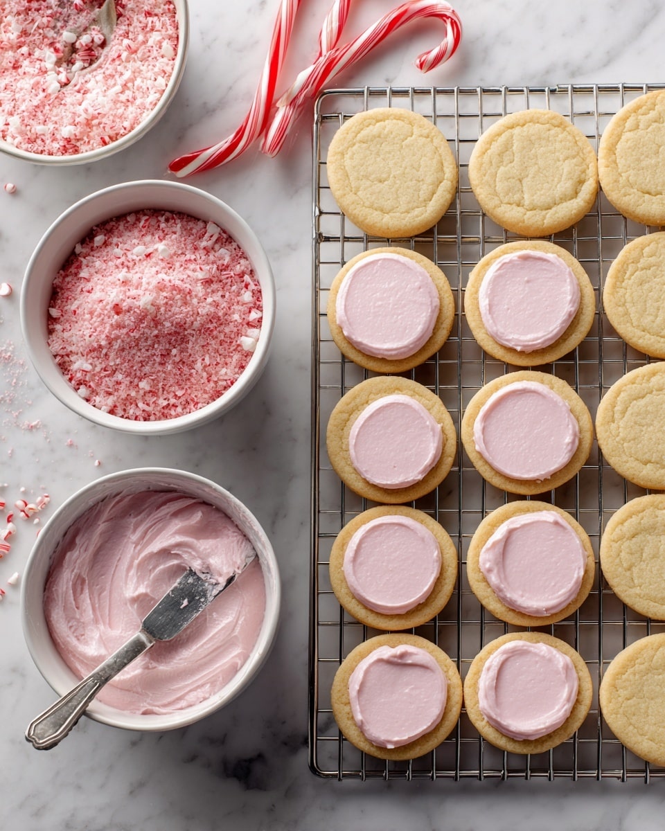 The image shows a cooling rack filled with two layers of round cookies. The bottom layer is plain, light golden brown cookies arranged in rows, mostly untouched. Above this are cookies with a light pink frosting spread lightly on top, some imperfectly done. To the left are two white bowls, one filled with finely crushed pink topping and the other with more pink frosting and a spreading knife resting inside. The whole scene sits on a white marbled surface, with two red and white striped candy canes placed nearby. Photo taken with an iphone --ar 4:5 --v 7