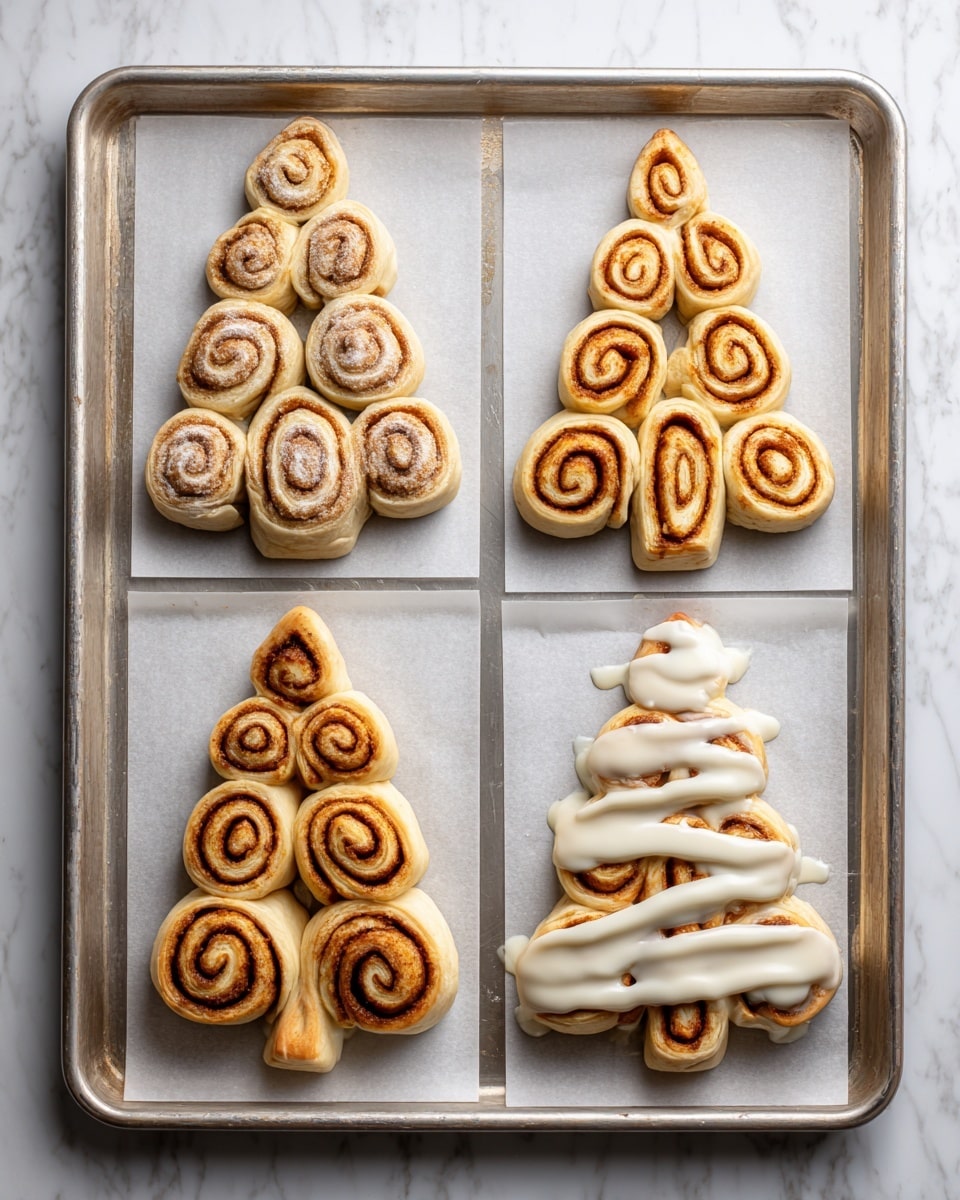 The image shows four stages of small cinnamon rolls shaped like a Christmas tree placed on a large rectangular silver baking tray lined with white paper, all set on a white marbled surface. The top left quadrant has unfired cinnamon roll spirals tightly packed in a rough tree shape with light golden dough and visible cinnamon swirls. The top right quadrant shows the same raw rolls arranged neatly into a fir tree shape with a trunk at the bottom. The bottom left quadrant shows the baked cinnamon rolls, now puffed and golden brown with some darker cinnamon spots, holding the fir tree shape closely packed. The bottom right quadrant displays the same baked rolls covered with a shiny white icing glaze dripping slightly between the swirls, maintaining the tree form. photo taken with an iphone --ar 4:5 --v 7
