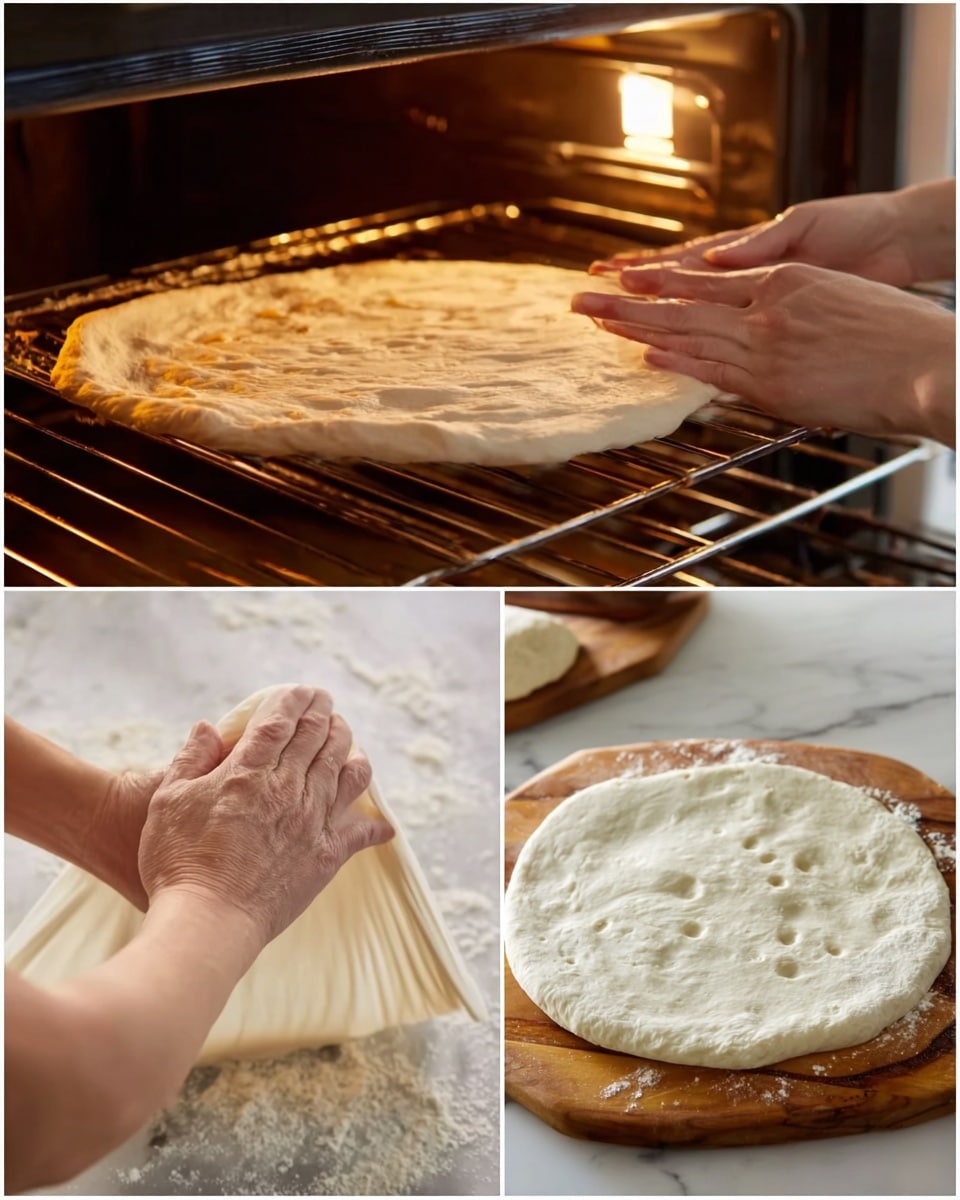 The image set shows the process of preparing pizza dough. The first image depicts a flat, light brown pizza base placed on the racks inside an oven. The second image shows a pair of woman's hands pressing a round, pale dough circle on a white marbled surface with flour scattered around. The third image captures two woman's hands stretching the dough from underneath, showing the dough's thin, soft, and slightly translucent texture. The last image features a light beige, round dough with small air bubbles on a wooden board, ready for toppings. photo taken with an iphone --ar 4:5 --v 7
