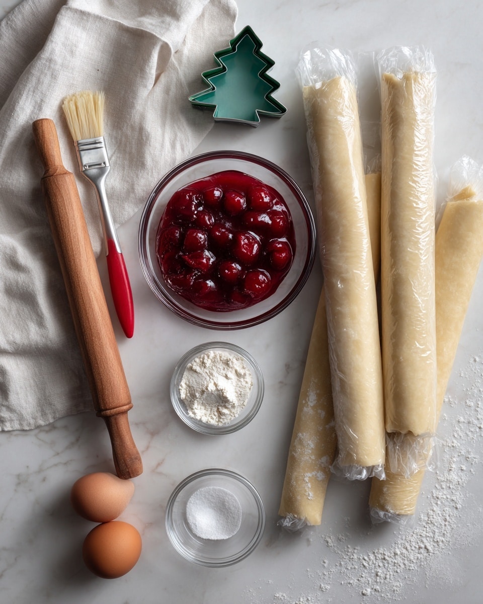 A flat lay of pie-making ingredients and tools arranged on a white marbled surface, featuring three rolled-up pie crusts wrapped in plastic at the top right, a green tree-shaped cookie cutter near the center top, and a small clear bowl of bright red cherry pie filling with visible whole cherries in the middle. Below the bowl, there is a metal and red silicone pastry brush lying diagonally. To the left near the bottom, there are two small clear bowls, one with white coarse sugar and another with water. On the bottom right, two brown eggs rest on a crumpled white cloth seen from above. A wooden rolling pin is placed near the top left corner. The scene is simple and clean, with soft natural light enhancing the colors and textures of each item. Photo taken with an iphone --ar 4:5 --v 7