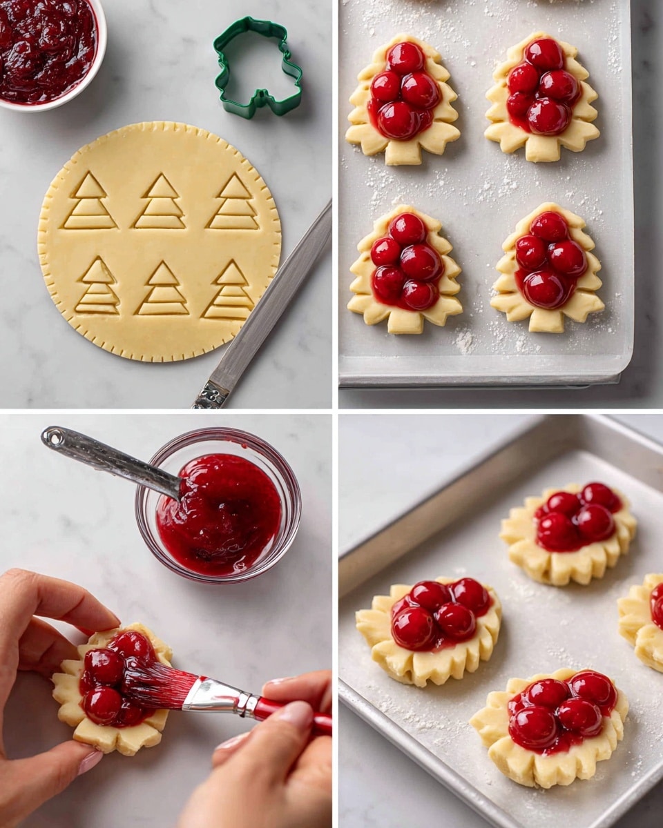 The image shows four steps of making Christmas tree-shaped pastries on a white marbled surface. In the first part, a round dough sheet has six tree shapes cut out using a green cookie cutter placed beside it, with a bowl of red cherry filling and a small bowl of egg wash with a red brush nearby. The second part shows a woman's hand holding a silver spoon placing a dollop of bright red cherry filling with whole cherries on one tree dough piece on a white baking tray. The third part shows a woman's hand brushing egg wash around the cherry filling on the tree dough, while the filling is glossy and bright red. The fourth part shows a woman's hand pressing a fork along the edges of two layered tree-shaped dough pieces, sealing them with textured edges on the white baking tray photo taken with an iphone --ar 4:5 --v 7
