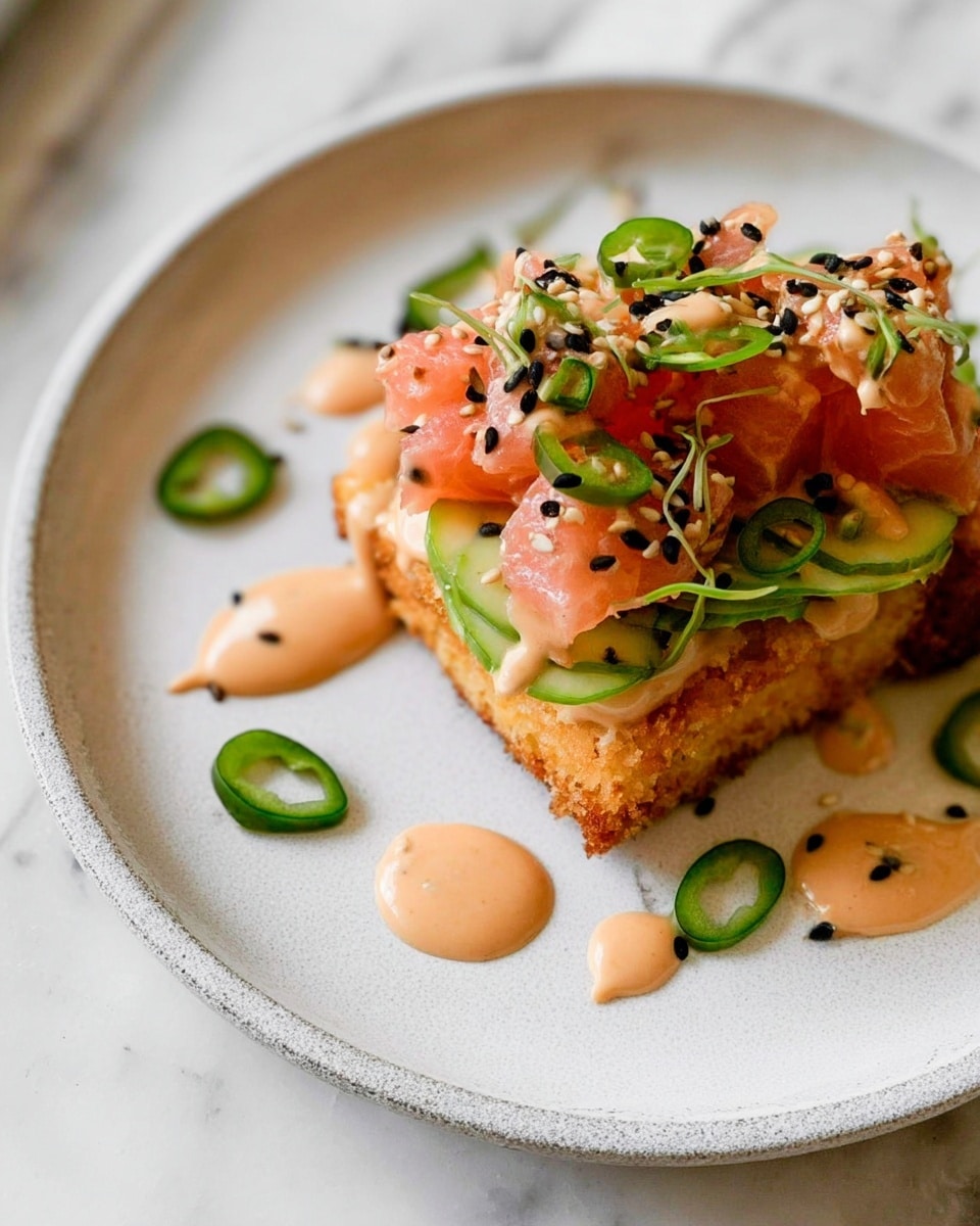 A white plate with a textured edge holds a square base that is golden brown and crispy. On top of this base is a layer of thin, bright green slices that look soft and fresh. Above that are a few pieces of light pink, smooth textured slices, covered with a creamy, light orange sauce that drips slightly down the sides. The dish is topped with small black and white seeds and thin round green slices with a bit of white inside, adding contrast. Some sauce and seeds are also spread on the plate around the dish. The plate is set on a white marbled surface. photo taken with an iphone --ar 4:5 --v 7