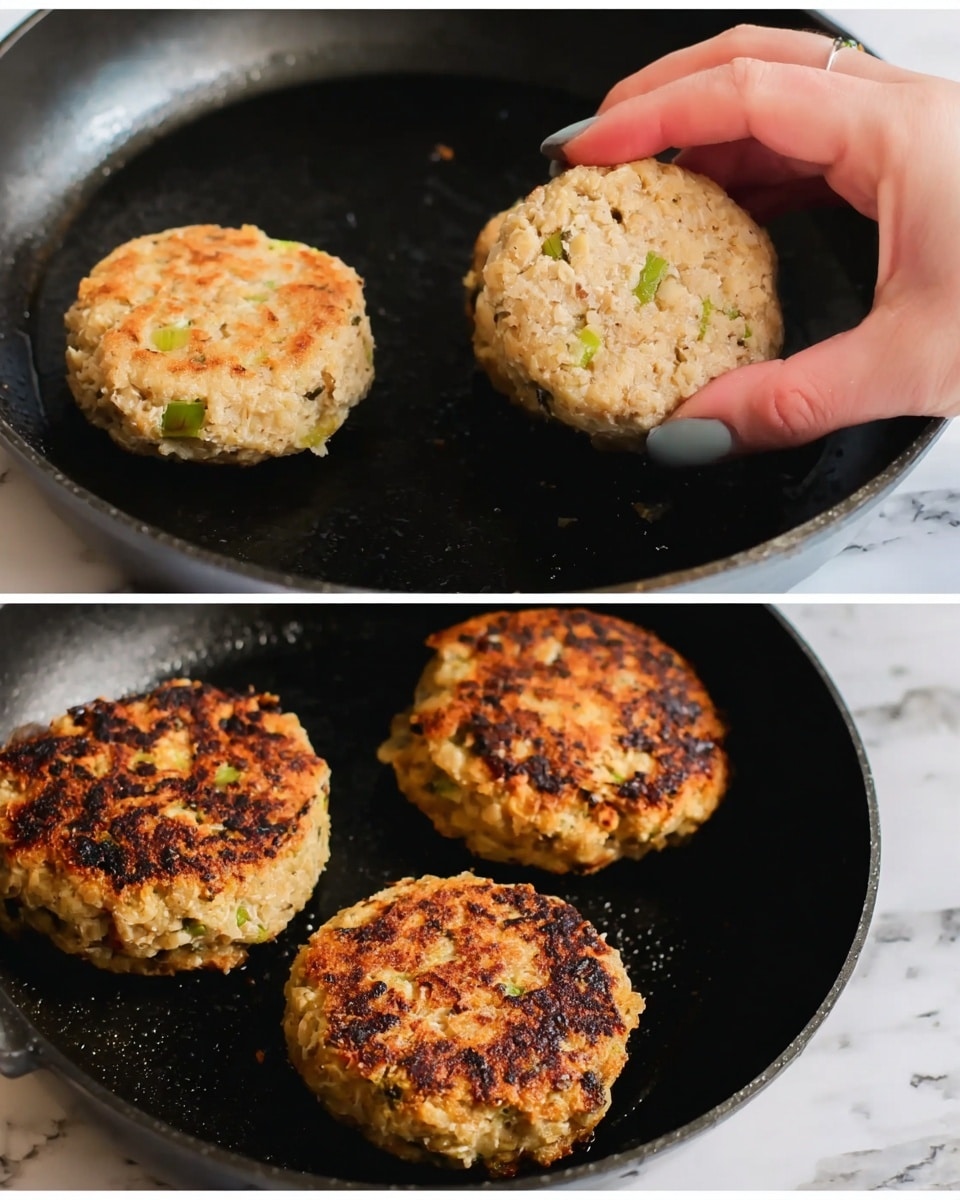 The first image shows a woman's hand holding a raw, round patty made from light beige mixture with small green bits, placing it into a black pan along with two similar raw patties already in the pan. The second image shows three cooked patties in the black pan, each one golden brown with some darker charred spots and small green pieces visible through the browned surface. The background and surface show a white marbled texture. Photo taken with an iphone --ar 4:5 --v 7