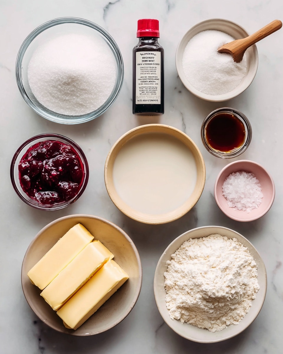 The image shows ingredients for baking arranged neatly on a white marbled surface. There is a clear glass bowl filled with white granulated sugar in the top left and a white bowl with powdered sugar on the top right. Below the powdered sugar is a small vanilla liquid container, dark brown in color, and next to it on the right is a bottle of almond extract with a red cap and black body. In the center, there is a beige bowl with some milk. To the left of the milk is a glass bowl with dark red raspberry jam and a wooden spoon inside it. Two sticks of yellow butter are placed horizontally near the bottom left side of the image. On the bottom right, there is a white bowl filled with white flour. A small pink bowl with salt is positioned above the sugar bowl. The whole setup is bright and clean, with each ingredient clearly visible. Photo taken with an iphone --ar 4:5 --v 7