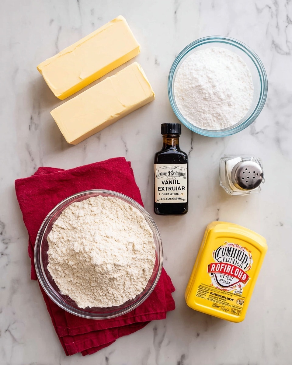 The image shows baking ingredients arranged neatly on a white marbled surface. There are two sticks of unsalted butter, pale yellow and rectangular, placed side by side near the top left. Below them is a clear glass bowl filled with pale beige flour, sitting on a folded red cloth. To the right of the flour bowl is a small clear glass bowl filled with white powdered sugar. Between these bowls and the butter is a small dark brown bottle labeled