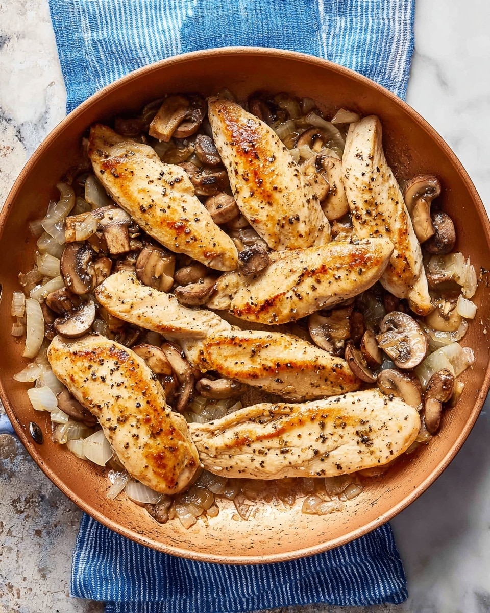 A round copper pan holds seven pieces of cooked chicken strips, golden brown with some darker sear marks, arranged irregularly across the pan. Among the chicken pieces, there are sautéed light brown sliced mushrooms and finely diced translucent white onions spread evenly on the bottom. The pan is placed on a white marbled surface, and beneath the pan is a blue and white striped cloth. The chicken and mushrooms appear moist and lightly seasoned, with visible cracked black pepper throughout the ingredients. photo taken with an iphone --ar 4:5 --v 7