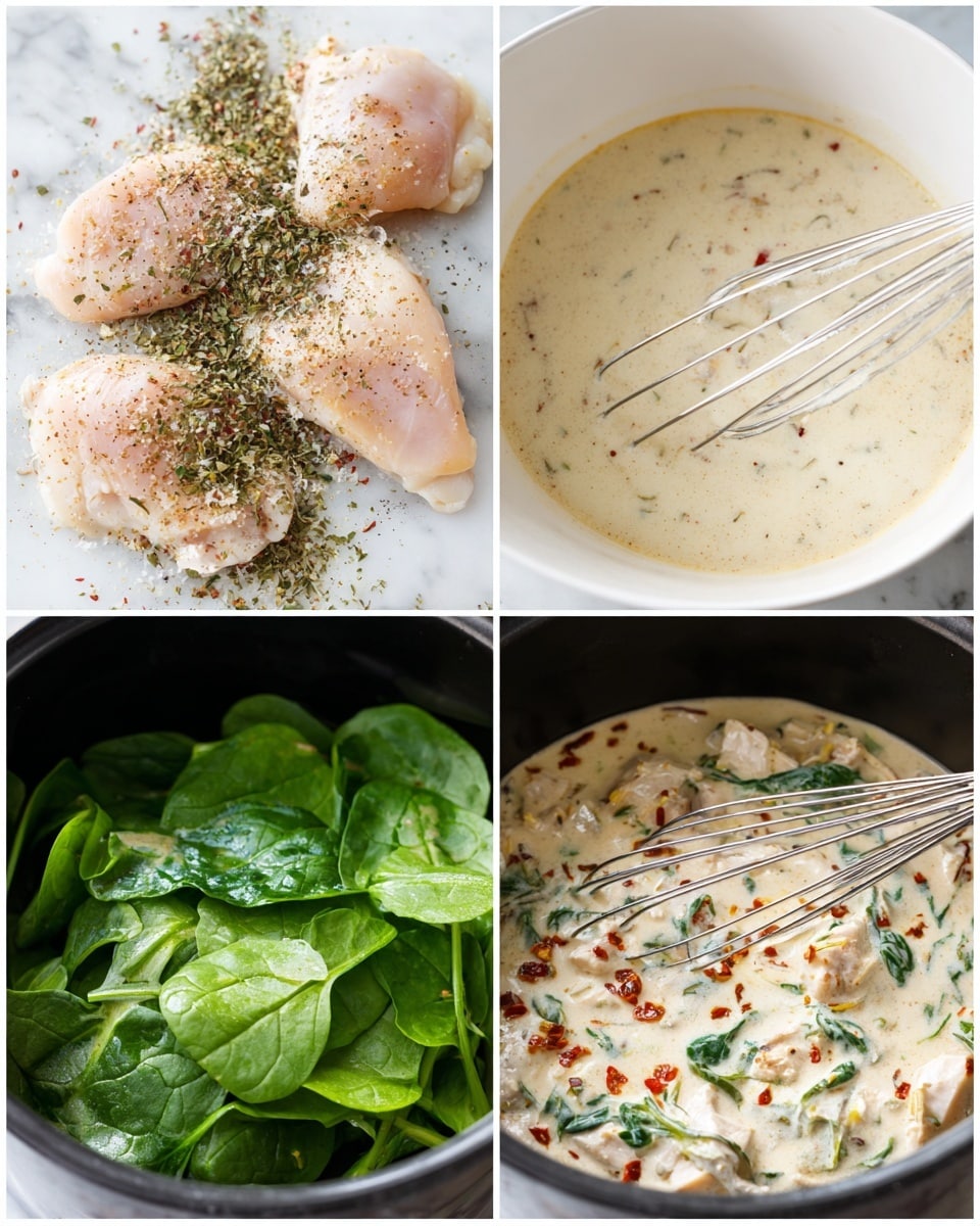 The image shows a sequence of four photos of a creamy spinach chicken dish being prepared. The first photo has three raw chicken pieces placed on a white marbled surface, sprinkled evenly with various dried green herbs and coarse salt. The second photo is a close-up of a white bowl with a light beige creamy mixture being whisked with a silver metal whisk, showing small bubbles and specks of seasoning. The third photo shows this creamy sauce poured into a black pot with bits of chicken and red chili flakes visible, mixed into the sauce. The fourth photo shows fresh, dark green spinach leaves placed on top of the creamy sauce and chicken inside the pot. Photo taken with an iphone --ar 4:5 --v 7