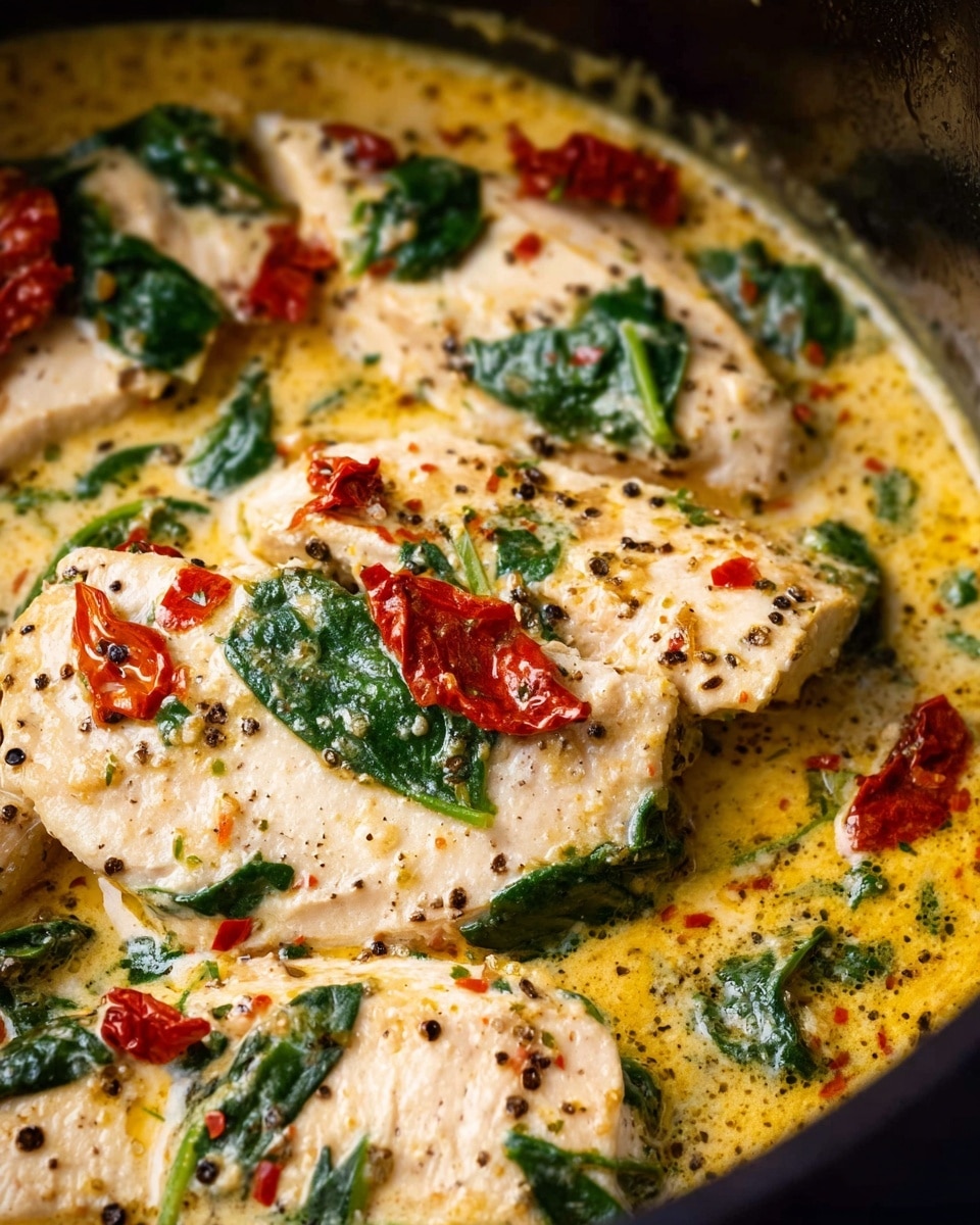 The dish shows several creamy, pale pink chicken slices layered in a rich yellow cream sauce with small black pepper dots. Scattered on top and around the chicken are bright red sun-dried tomato pieces and deep green spinach leaves that add color contrast. The sauce looks smooth with hints of herbs spread evenly. The dish appears in a dark cooking pot, with the creamy sauce surrounding the chicken and filling spaces between the ingredients, creating a warm and comforting look. photo taken with an iphone --ar 4:5 --v 7