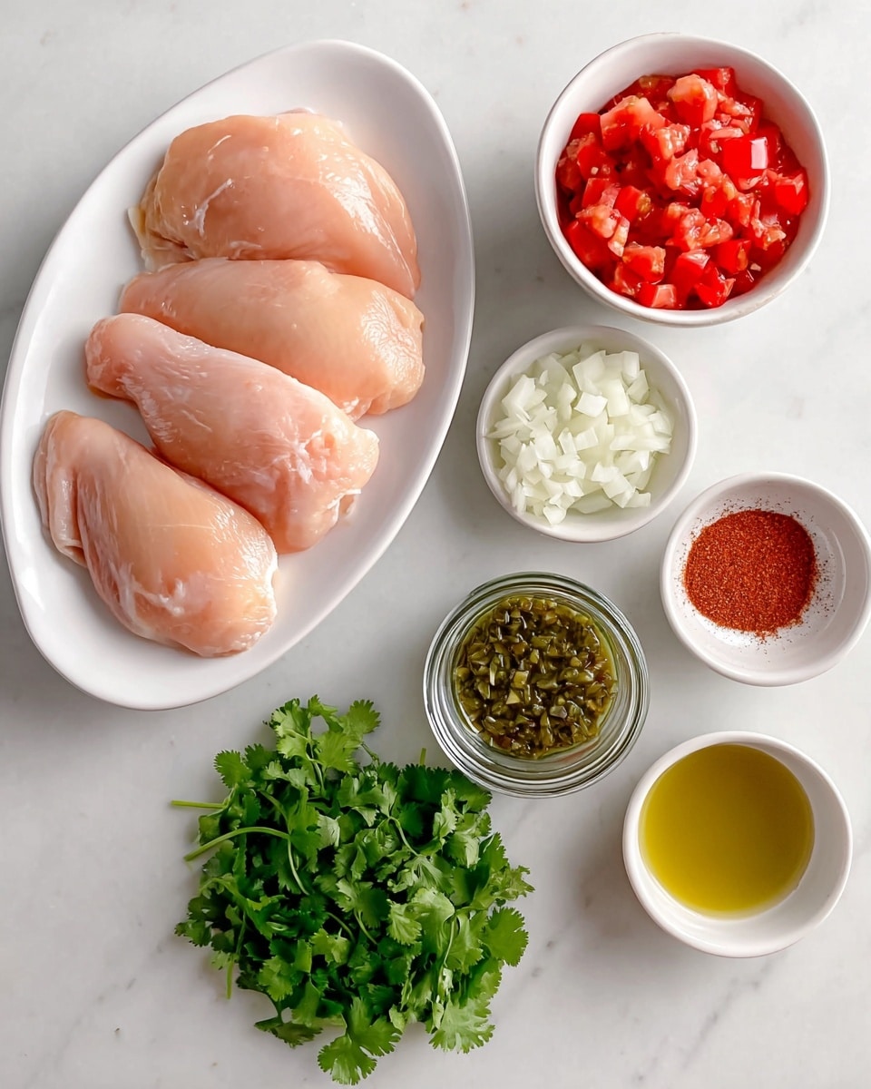 The image shows six white dishes on a white marbled surface. On the left, an oval white plate holds three uncooked chicken pieces with a smooth, pale pink texture. To the right, there are five small white bowls arranged loosely: one bowl contains bright red chopped tomatoes with a juicy texture; another holds finely chopped white onion pieces; one small bowl has a dry, dark reddish-brown taco seasoning powder; a glass jar contains chopped green chiles in yellowish liquid; and a small white plate with fresh green cilantro sprigs sits below the tomatoes, adding a vibrant leafy texture. The presentation is clean and organized. photo taken with an iphone --ar 4:5 --v 7