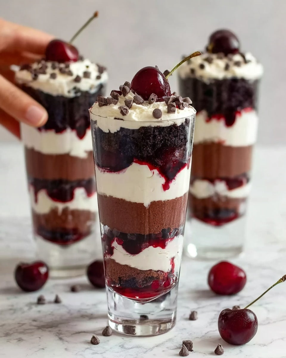 The image shows three tall clear glasses with a layered dessert placed on a white marbled surface. Each glass has four distinct layers, starting from the bottom with a dark chocolate crumb layer, followed by a thick white cream layer, then a rich dark chocolate layer with a slightly rough texture, and topped with another layer of white cream. The top layer has scattered small chocolate chips and a whole dark cherry in the center, with one cherry having its stem visible. Some red cherry syrup is dripped softly inside the glass layers, adding a deep red color contrast. A woman's hand is holding one of the glasses in the background. Photo taken with an iphone --ar 4:5 --v 7