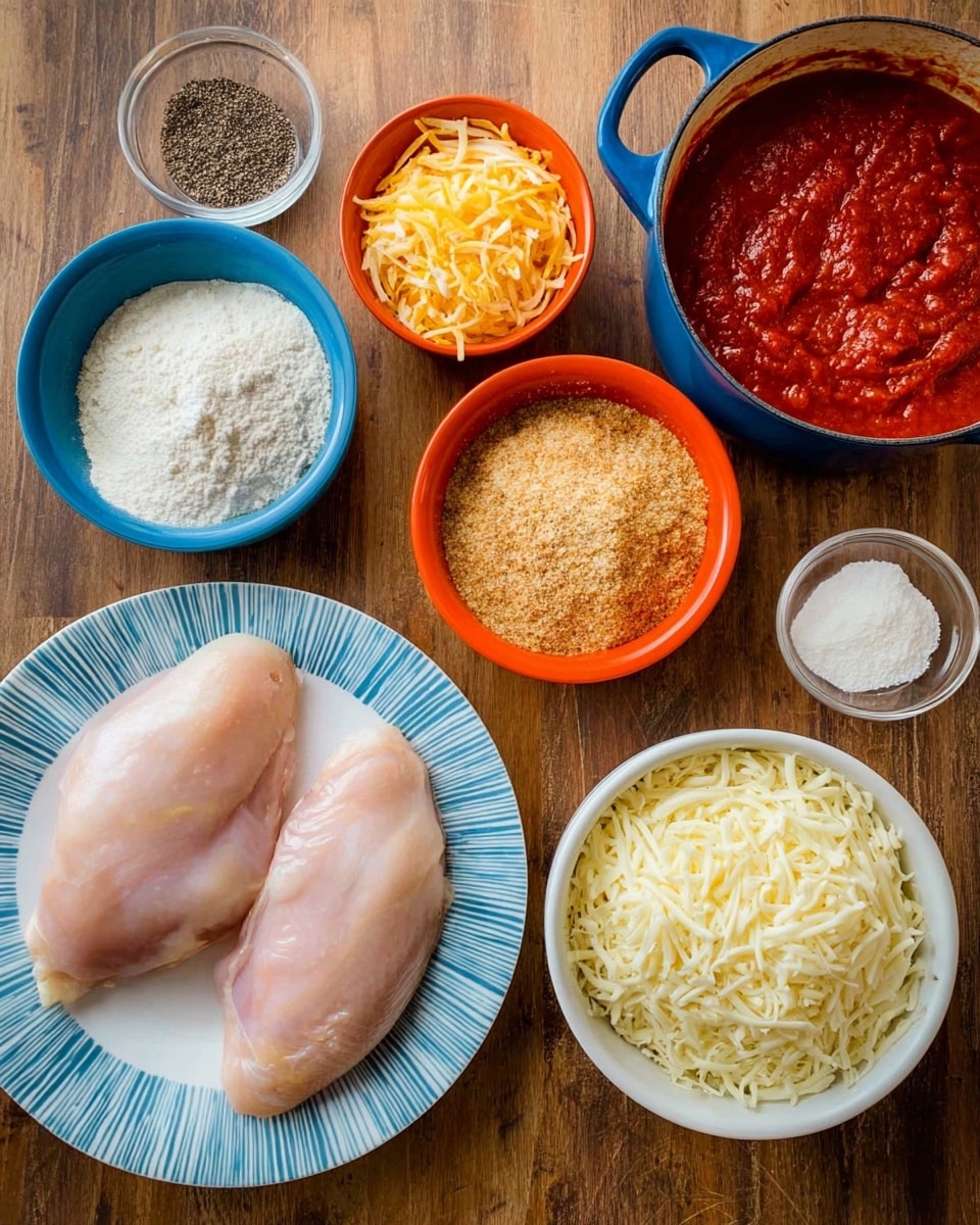 The image shows several bowls and a white plate arranged on a wooden surface with a mix of ingredients for cooking. There are two pieces of raw chicken placed on the white plate with blue stripes, surrounded by small bowls containing white flour, black pepper, salt, shredded yellow cheese, and a mix of breadcrumbs in red and orange bowls. To the right, a white bowl is filled with shredded mozzarella cheese, and next to it, a blue pot contains thick red tomato sauce with some sauce marks on the sides. The setting is organized and colorful with clear textures for each ingredient. photo taken with an iphone --ar 4:5 --v 7