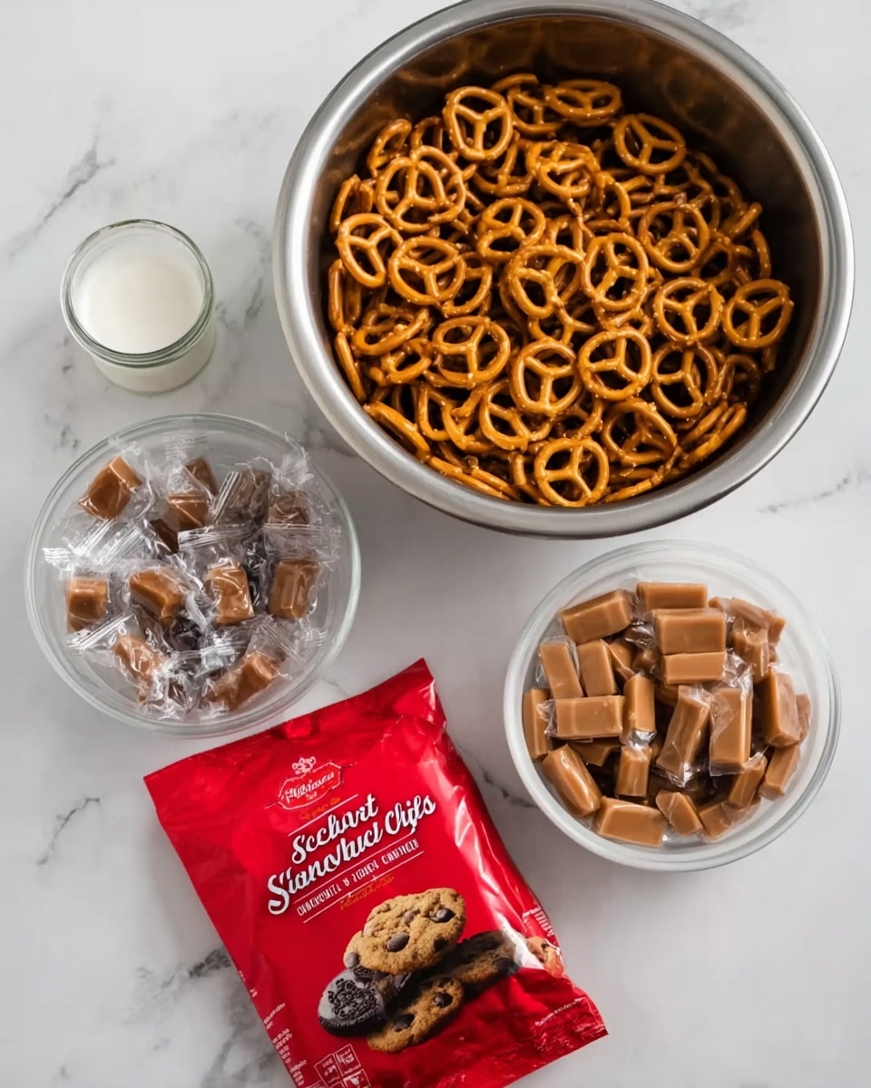 The image shows a metal bowl filled with many small pretzels that are golden brown. Next to it, there is a white bowl with wrapped caramel candies that are a light brown color. A small glass container with a white creamy substance is also placed nearby. In front of these items, there is a red bag of semi-sweet chocolate chips with a cookie image on it. All the bowls and items are placed on a white marbled surface. Photo taken with an iphone --ar 4:5 --v 7