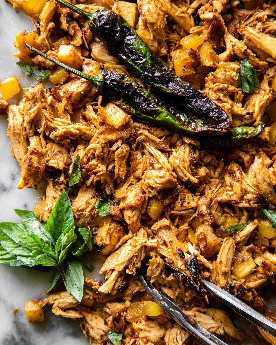 A close-up view of shredded cooked chicken mixed with small cooked yellow bits, all with a rich golden brown color and a slightly crispy texture. Two long, grilled green chilies rest on top, showing charred black marks. Near the bottom center, shiny silver tongs partially grasp some of the chicken, next to a small bunch of fresh green basil leaves. The dish is displayed on a white marbled surface. Photo taken with an iphone --ar 4:5 --v 7