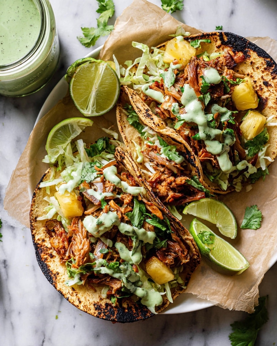 The image shows two tacos placed on a white plate over a sheet of parchment paper on a white marbled surface. Each taco has a toasted, slightly charred tortilla folded to hold the layers inside. The bottom layer is shredded green lettuce, followed by chunks of golden-yellow pineapple. On top of this, there is a heap of shredded brown meat with a slightly crispy texture. Drizzled over the meat and surrounding areas is a light green creamy sauce. Fresh green cilantro leaves are scattered on top, adding brightness. On the side of the plate, there are two lime wedges, one whole and one slightly squeezed. A clear glass jar with the same light green sauce sits partly visible in the top left corner. The photo taken with an iphone --ar 4:5 --v 7