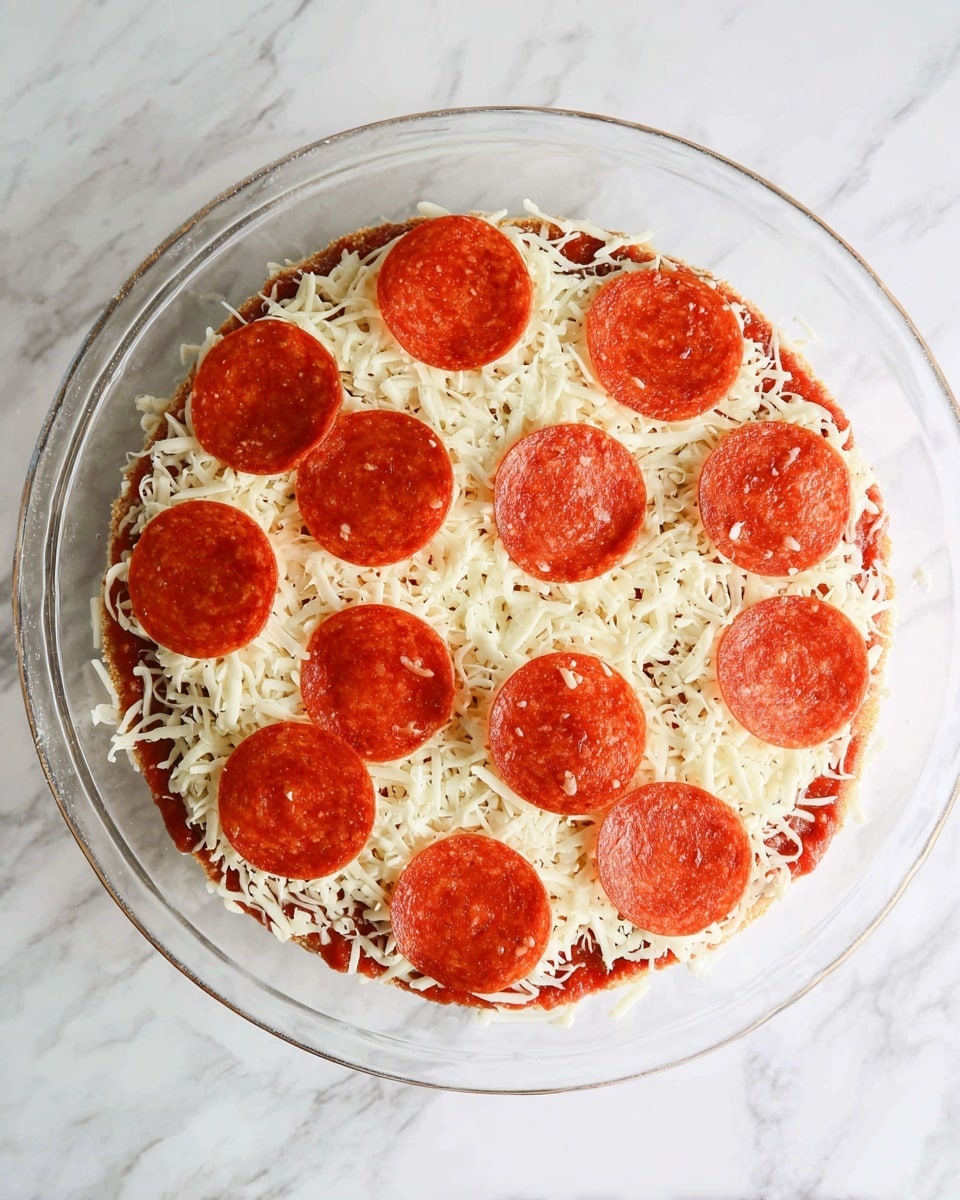 A round pizza on a clear glass plate with three visible layers: the bottom is red tomato sauce spread evenly, the middle layer is covered with white shredded cheese, and the top layer has ten slices of round, red pepperoni arranged spaced out over the cheese. The plate sits on a white marbled surface. photo taken with an iphone --ar 4:5 --v 7