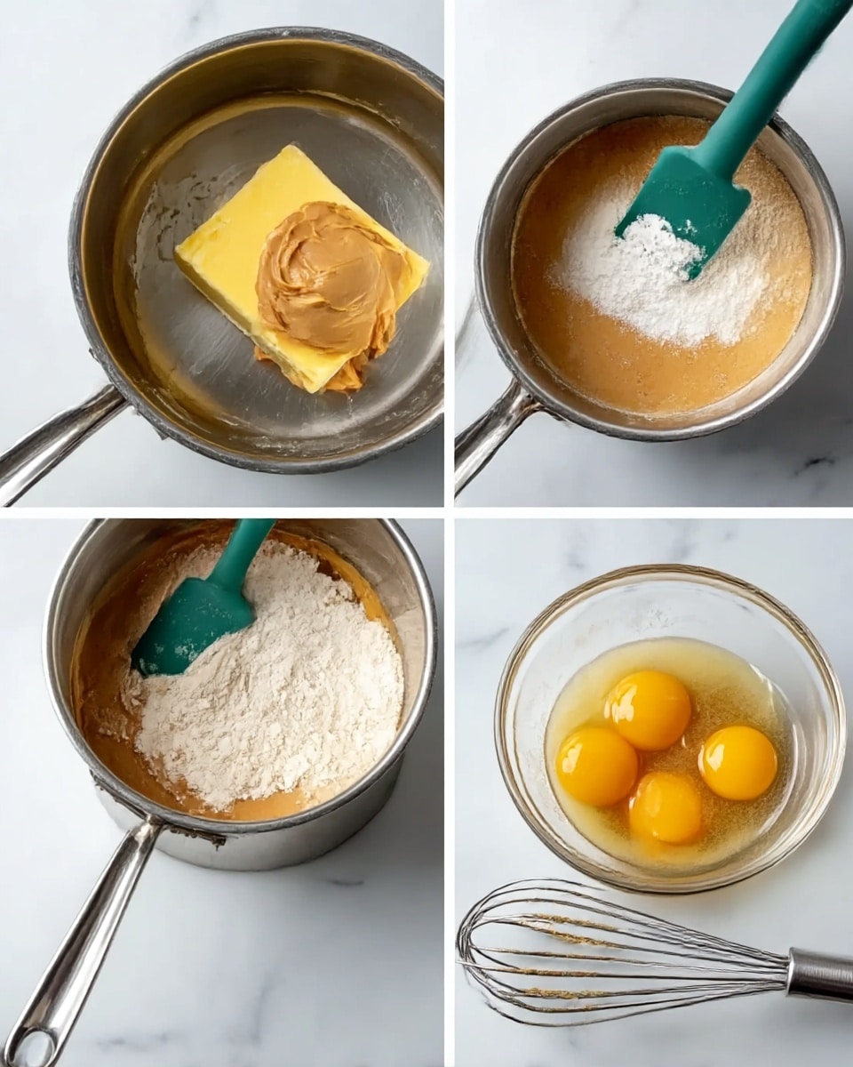 The image shows four close-up shots arranged in a grid on a white marbled surface. The first shot features a silver pot containing a bright yellow stick of butter and a smooth, light brown scoop of peanut butter with a green silicone spatula resting on top. The second shot reveals the same pot, now with the peanut butter melted into a smooth light brown liquid with a white powder of sugar added on one side, the spatula still resting inside. The third shot shows the pot again, filled with light brown mixture partially covered by a layer of white flour, with the green spatula stirring the mix. The last shot is a clear glass bowl with two bright yellow egg yolks on top of a mix of brown sugar and wet ingredients, a metal whisk lying on the white marbled surface next to it. Photo taken with an iphone --ar 4:5 --v 7