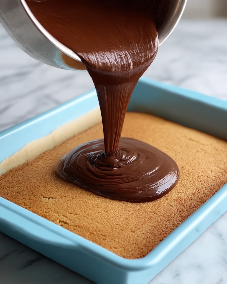 A close-up view of a rectangular light brown cake layer with a smooth, even surface sitting inside a light blue baking pan on a white marbled surface. Thick, dark chocolate batter with a shiny texture is being poured from a metal mixing bowl onto the top center of the cake layer, creating a glossy pool. The batter is flowing slowly in a thick stream, contrasting with the golden warm color of the baked layer below. The background remains soft and out of focus, highlighting the textures and colors of the cake and batter. photo taken with an iphone --ar 4:5 --v 7