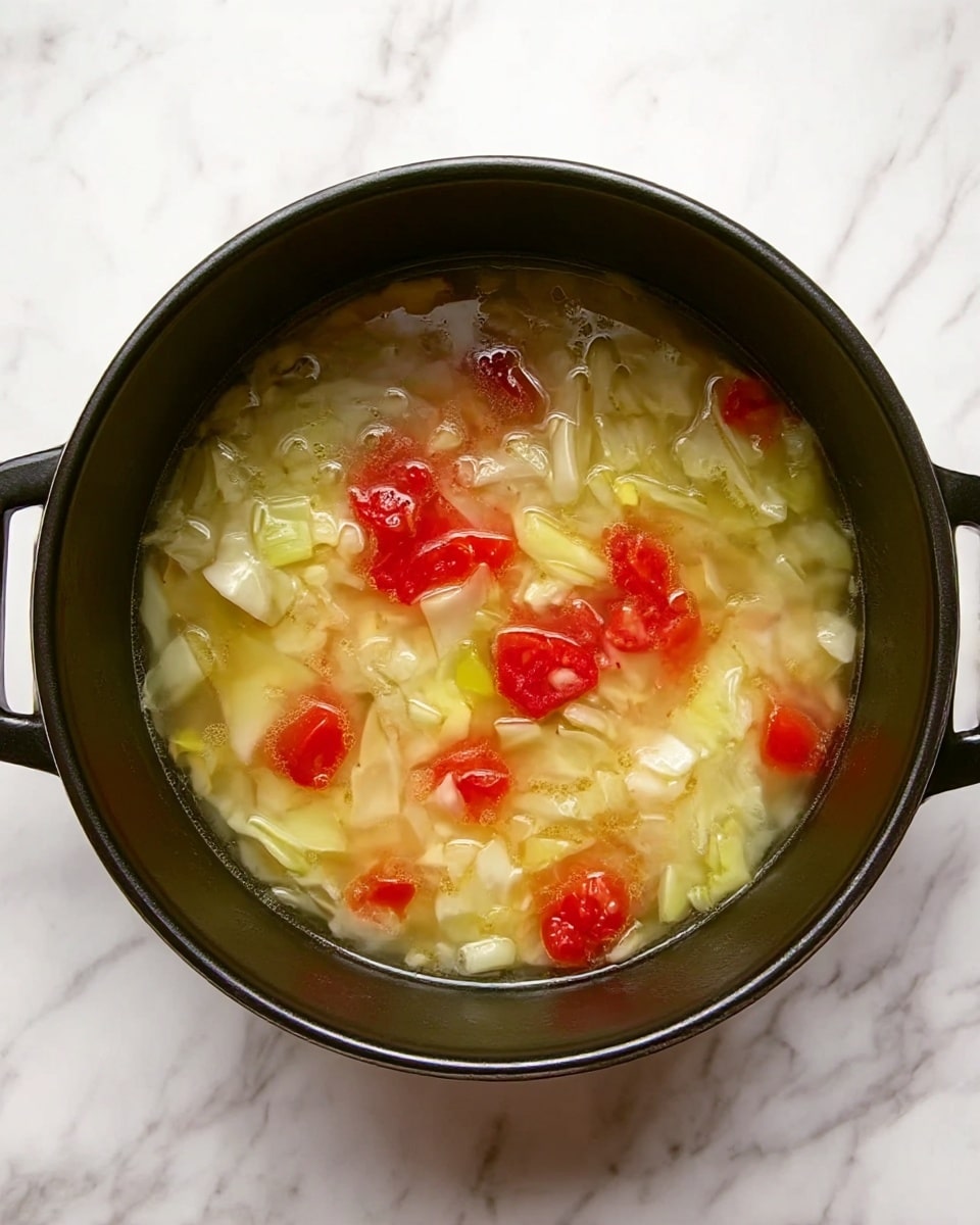 A black round pot filled with a clear broth soup containing chopped pale green cabbage layers spread evenly around, with small bright red tomato chunks floating on top in the center, all resting on a white marbled surface photo taken with an iphone --ar 4:5 --v 7