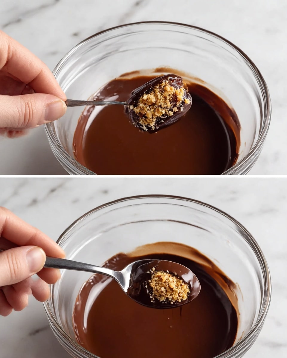 In the first image, a woman's hand is holding a stuffed date over a clear glass bowl filled with smooth, melted dark brown chocolate, with a white marbled surface visible underneath. The date is coated in finely chopped nuts on top, creating a light tan, crumbly texture. In the second image, the same woman's hand is dipping the stuffed date into the melted chocolate using a silver spoon while holding the date, showing the glossy and thick chocolate coating covering the date from above. The clear glass bowl and white marbled surface remain the same in both images. Photo taken with an iphone --ar 4:5 --v 7