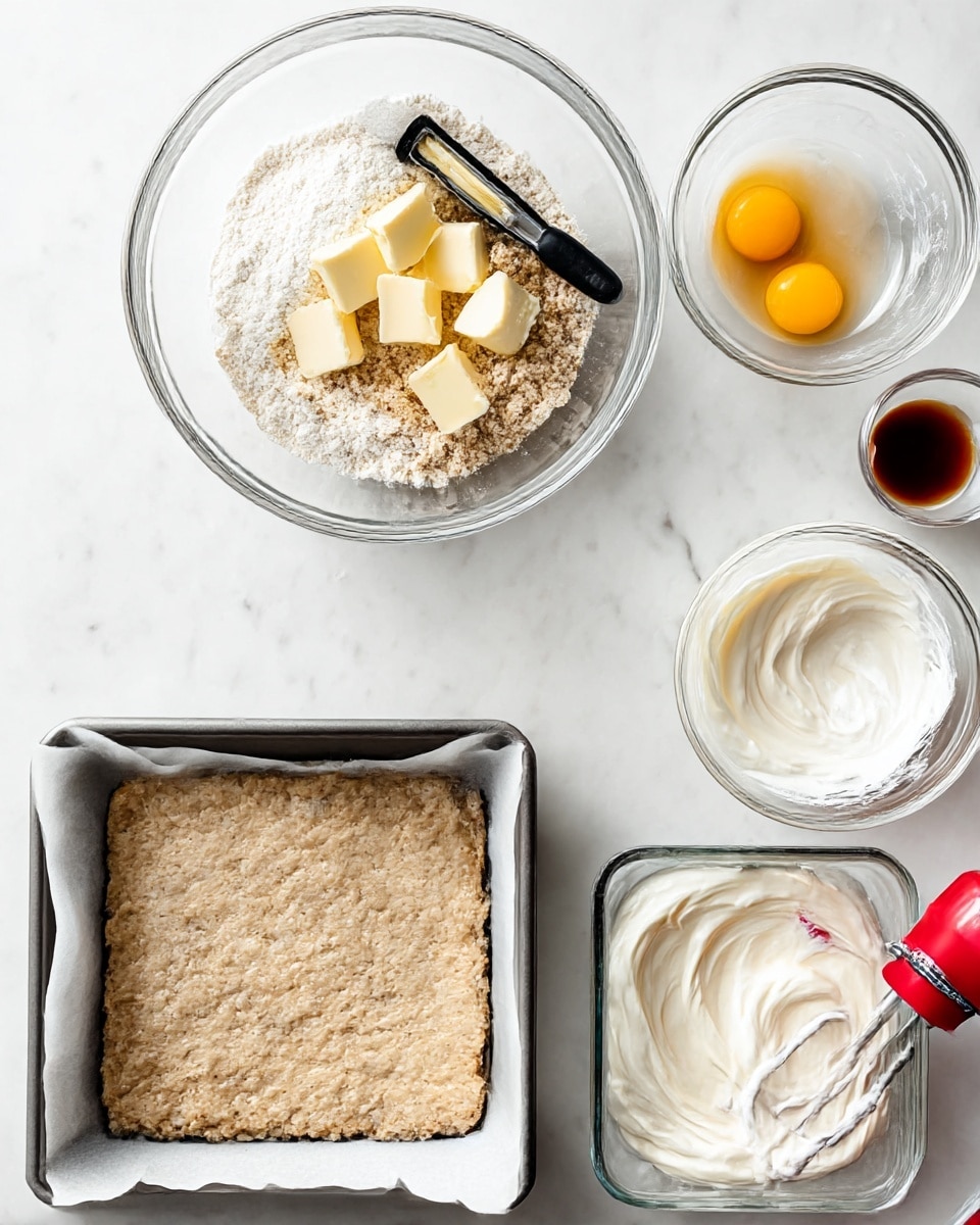 A clear glass bowl on a white marbled surface holds white flour and several chunks of pale yellow butter with a black-handled pastry cutter resting inside. Next to it, the same bowl shows the flour and butter mixed into a crumbly beige dough with the pastry cutter still inside. Below these, a square baking pan lined with white parchment paper contains a flat, pressed beige dough layer with a rough texture. To the right, another glass bowl on the white marbled surface holds thick white cream and white sugar, with small bowls of a raw yolk and a dark brown liquid nearby. Below this, the bowl now contains the cream mixture being whipped with the yolk and dark liquid on top by a hand mixer. Next to it, the baking pan shows a thick, smooth, white creamy layer being spread over the beige base with a red spatula. photo taken with an iphone --ar 4:5 --v 7