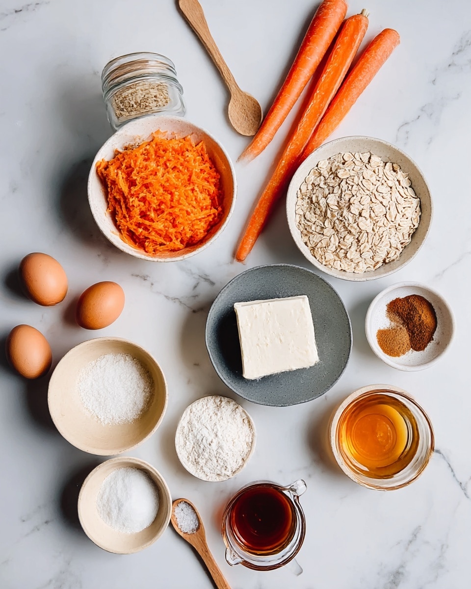 The image shows ingredients neatly arranged on a white marbled surface. In the middle-left is a bowl with bright orange shredded carrots, beside two long whole carrots. Above, there is a clear glass jar filled with light beige rolled oats and a wooden spoon inside. Nearby on the right is a small white bowl holding white baking powder and brown cinnamon powder. Below that is a gray bowl containing a square white block of cream cheese. To the bottom right, there is a small white jug with golden liquid, likely maple syrup, and a glass cup filled with dark amber liquid. A beige bowl near the bottom center holds white sugar, while beside it a slightly smaller light beige bowl is filled with white flour and has a wooden spoon resting inside. A small white bowl with coarse salt and a tiny wooden spoon is closer to the carrots. Two brown eggs are placed on the left. The whole setup is clean, bright, and visually balanced, photo taken with an iphone --ar 4:5 --v 7