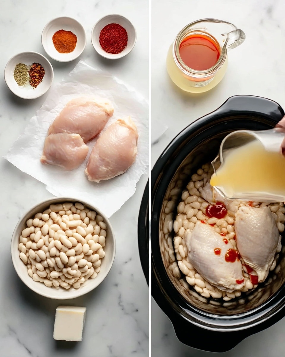 The image on the left shows ingredients for a dish on a white marbled surface: three raw pale pink chicken pieces resting on white paper in the center, a white bowl filled with soft white beans at the bottom left, a small white plate holding a white block of cheese at the bottom right, a small white bowl with various powdered spices (red, beige, and white) at the top left, a clear glass pitcher with pale yellow liquid below the spice bowl, and a small glass jar with bright red sauce at the top center. On the right, the ingredients are placed inside a black slow cooker: two chicken pieces on top, white beans covering the base, scattering of white and red spices over the beans and chicken, a drizzle of red sauce on one chicken piece, and a woman's hand pouring pale yellow liquid from the pitcher into the cooker. The setting remains on the white marbled surface. photo taken with an iphone --ar 4:5 --v 7