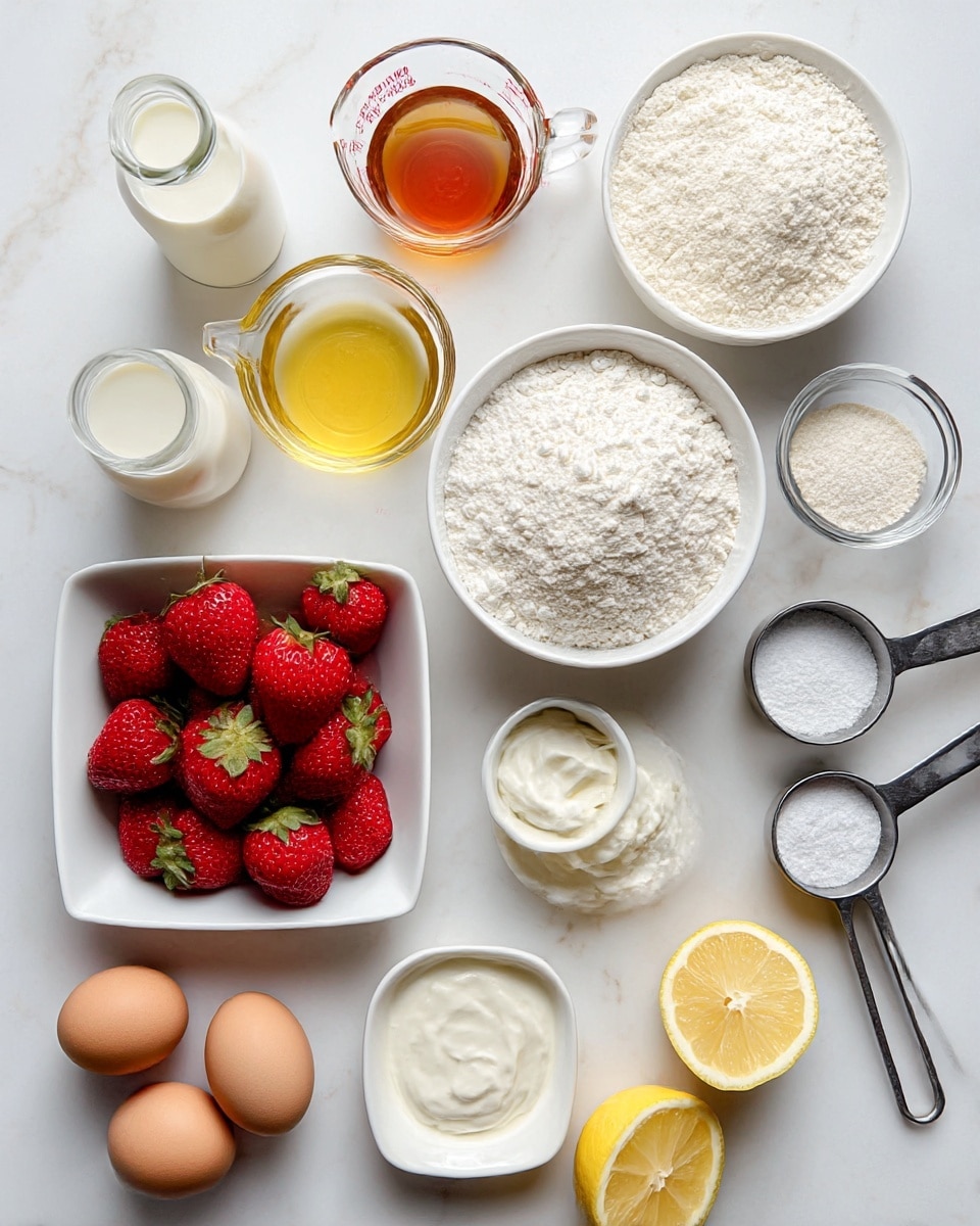 The image shows various ingredients neatly placed on a white marbled surface. Starting from the top left, there is a small glass bottle of milk, followed by a clear glass measuring cup filled with golden oil. Next to it is a small glass bowl with a light amber liquid, likely vanilla. On the right side is a large white bowl filled with white flour. Below it is a small white bowl holding a white creamy substance, possibly yogurt or sour cream, and nearby a small white plate contains a white powder, likely baking soda or baking powder. To the right are two lemon halves showing their light yellow interior. On the left side at the bottom is a small white square bowl filled with fresh, red strawberries with green tops, and a few strawberries are scattered nearby. Below are two brown eggs and a small white round bowl holding a white granular ingredient, likely salt. Two metal measuring cups, one with white sugar and the other with white flour, are arranged near the lemons. The whole setup is clean and bright, with each item clearly visible. Photo taken with an iphone --ar 4:5 --v 7