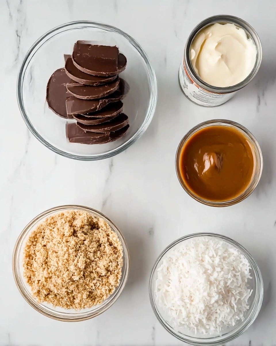 The image shows five clear glass bowls arranged on a white marbled surface. The top left bowl is filled with smooth, dark brown chocolate discs stacked loosely. Next to it on the right, a small open can holds thick, pale cream with a smooth texture. Below the chocolate, a smaller bowl contains a rich, glossy caramel-like substance with a smooth top. To the right of the caramel, a medium bowl is filled with fluffy, white shredded coconut. At the bottom left, a larger bowl is filled with light brown crushed nuts or crumbs with a rough texture. photo taken with an iphone --ar 4:5 --v 7