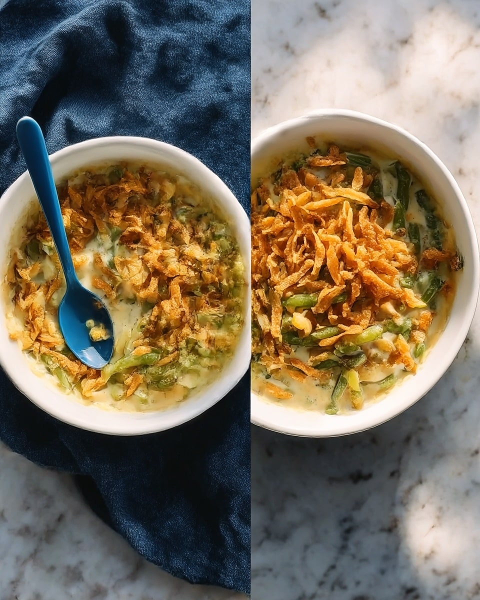 The image shows two white bowls placed side by side on a white marbled surface. Each bowl contains a creamy dish with green vegetable strips mixed in the creamy layer at the bottom, topped with a layer of golden crispy fried strips. The dish has a smooth texture under the crispy top and the vegetables add a touch of green color contrast. There is a blue spoon resting inside the left bowl. A dark blue cloth is partially visible behind the bowls, enhancing the colors. The lighting is soft and natural, making the dish look fresh and appetizing. photo taken with an iphone --ar 4:5 --v 7