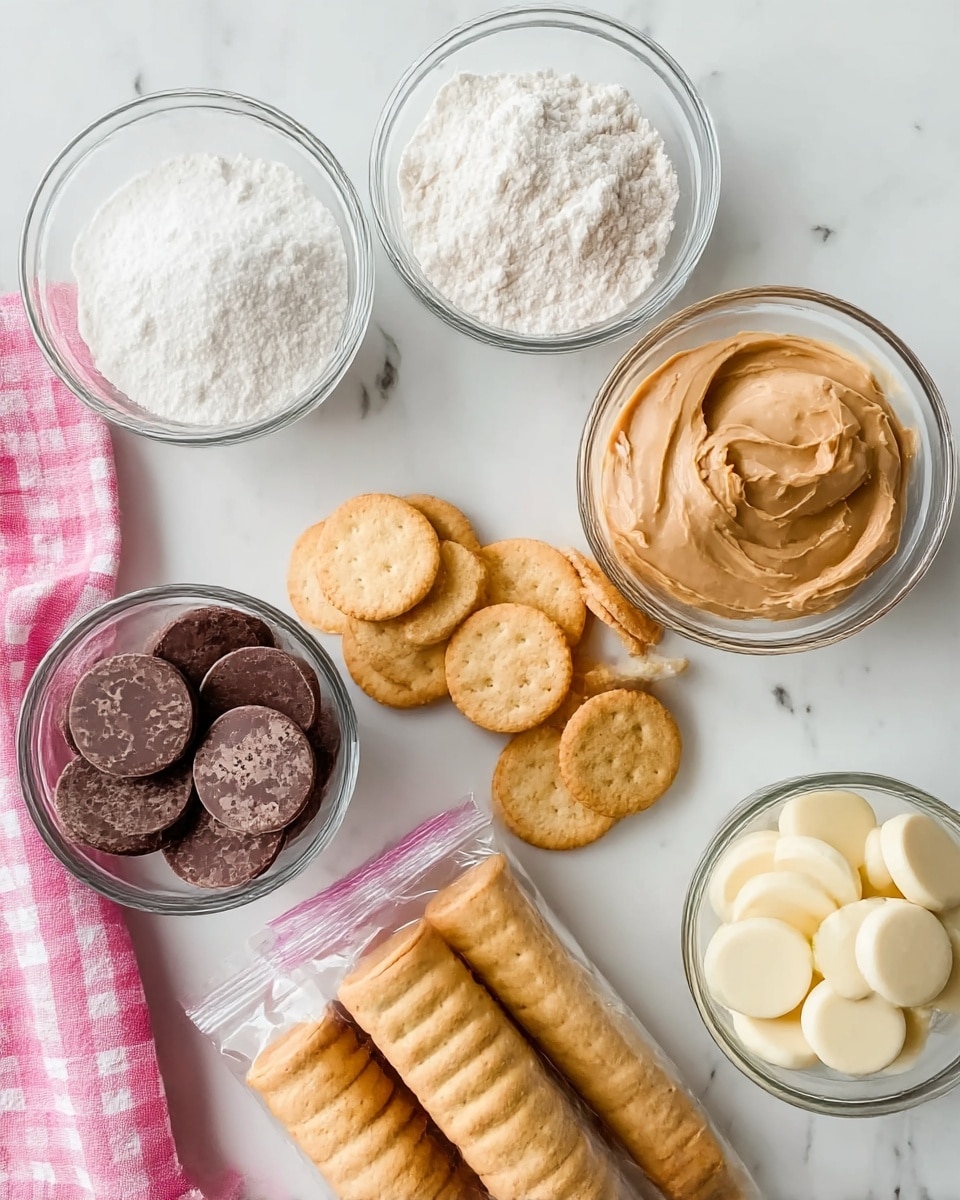 The image shows an overhead view of a white marbled surface with several clear glass bowls and two packs of round crackers. The top left glass bowl holds white powdery sugar, the top right glass bowl contains creamy light brown peanut butter, the bottom left glass bowl has dark chocolate discs with some speckles, and the bottom right glass bowl contains white chocolate discs. Between the bowls are two packs of round crackers, one partially open with some crackers spilled out, showing their light golden color and slightly textured surface. A pink and white checkered cloth is visible in the bottom left corner. photo taken with an iphone --ar 4:5 --v 7