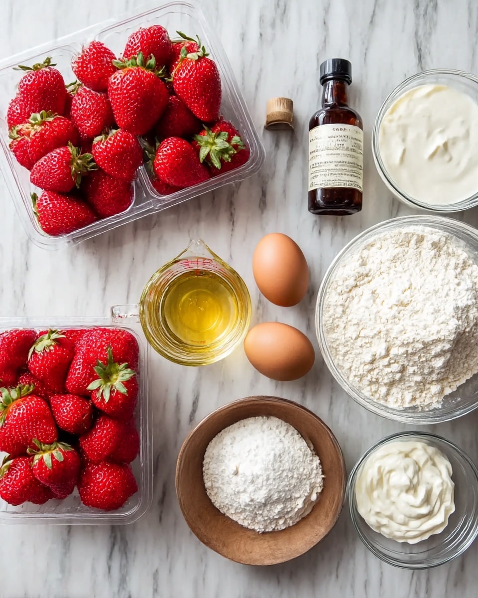 The image shows several cooking ingredients laid out on a white marbled surface. There are two clear plastic containers filled with bright red strawberries with green tops, placed on the left side. In the middle, there is a small glass measuring cup with a yellowish liquid, a brown bottle labeled vanilla extract, two brown eggs, and a small wooden bowl with white powder. To the right, a large clear glass bowl is filled with white flour, and beside it are smaller clear glass bowls, one with white cream and another with white flour-like powder. The top right corner shows a clear glass cup filled with white cream. photo taken with an iphone --ar 4:5 --v 7