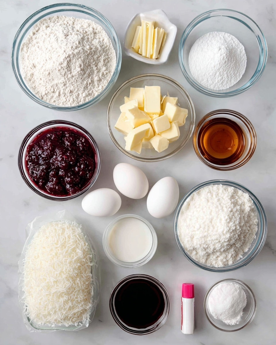A top view of various baking ingredients arranged neatly on a white marbled surface, including a large clear glass bowl filled with white powdered sugar, a medium clear glass bowl with dark red raspberry preserves showing texture, another medium clear glass bowl holding off-white flour, and a full clear jar of white marshmallow fluff. There is also a medium clear glass bowl filled with white shredded coconut, a small clear glass container of deep brown vanilla extract, three whole white eggs next to a small clear glass cup with a white liquid buttermilk, and a small clear bowl with white baking powder. Additional items include two sticks of yellow butter wrapped in paper, a clear glass bowl containing transparent egg whites, a large clear glass bowl filled with white sugar, a tiny clear dish of white salt, and a small tube of neon pink food coloring. All items are viewed from above with no shadows, and the scene is bright and clean. photo taken with an iphone --ar 4:5 --v 7
