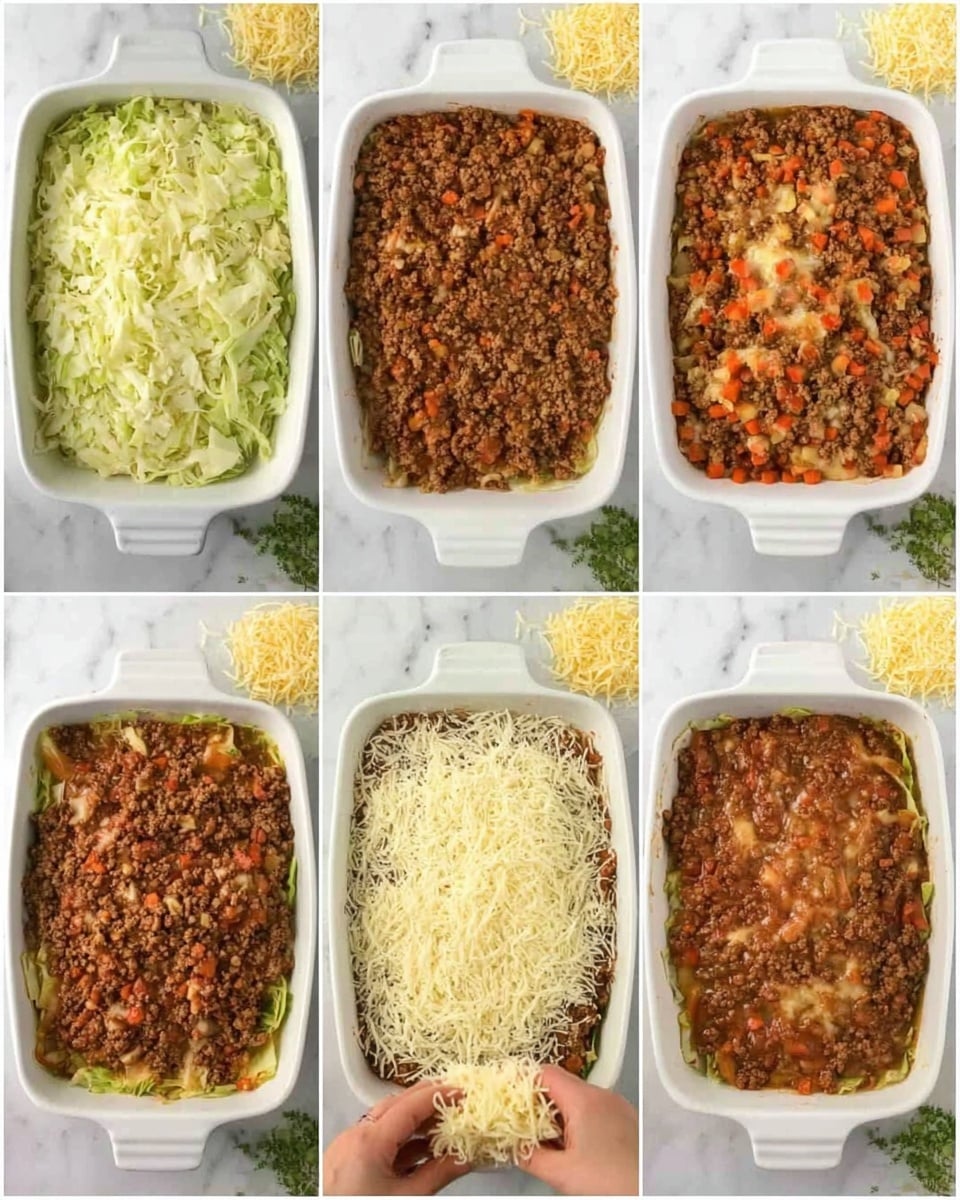The image shows six photos of a layered dish being prepared in a white rectangular dish on a white marbled surface. The first layer is made of light green cooked cabbage covering the bottom. The second layer adds a thick, textured brown meat sauce with visible pieces of orange carrot and minced meat, filling the dish evenly. The third layer consists of a white shredded cheese spread evenly on top of the meat sauce. The fourth photo shows another layer of cabbage placed on top of the cheese, followed by the fifth photo which adds another layer of brown meat sauce with carrot pieces. Finally, the sixth photo shows the last layer with shredded white cheese sprinkled generously on top. Some yellow shredded cheese and green garnish are visible in the background. All photos include a woman's hand holding shredded cheese near the dish. Photo taken with an iphone --ar 4:5 --v 7