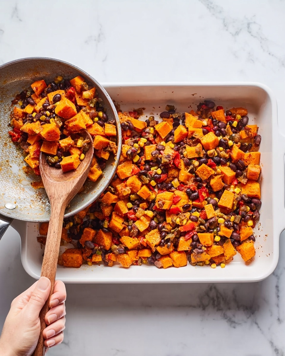 A white rectangular baking dish filled with a mix of diced orange sweet potatoes, black beans, sweet corn, and small red bell pepper pieces, all roasted or cooked together. A white pan with a metal handle is tilted above the dish, with some of the mixture being moved from the pan into the dish using a wooden spoon held by a woman's hand at the bottom of the frame. The background and surface are white marble, bright and clean. photo taken with an iphone --ar 4:5 --v 7