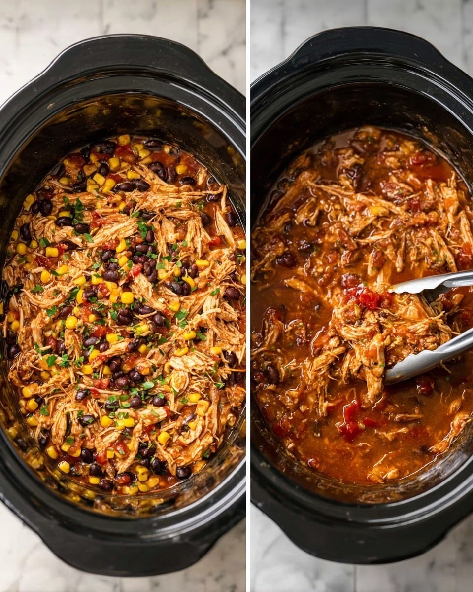 The dish is shown inside a black slow cooker with a thick stew made of shredded chicken, black beans, corn, red bell pepper pieces, and a rich orange-brown sauce. The shredded chicken sits mostly on the top and is mixed evenly with black beans and bright yellow corn kernels, while red bell pepper pieces are scattered throughout. In the second image, the stew is garnished with small green herbs sprinkled on top. The slow cooker is placed on a white marbled surface, and a pair of metal tongs is seen lifting some shredded chicken in the first image. photo taken with an iphone --ar 4:5 --v 7