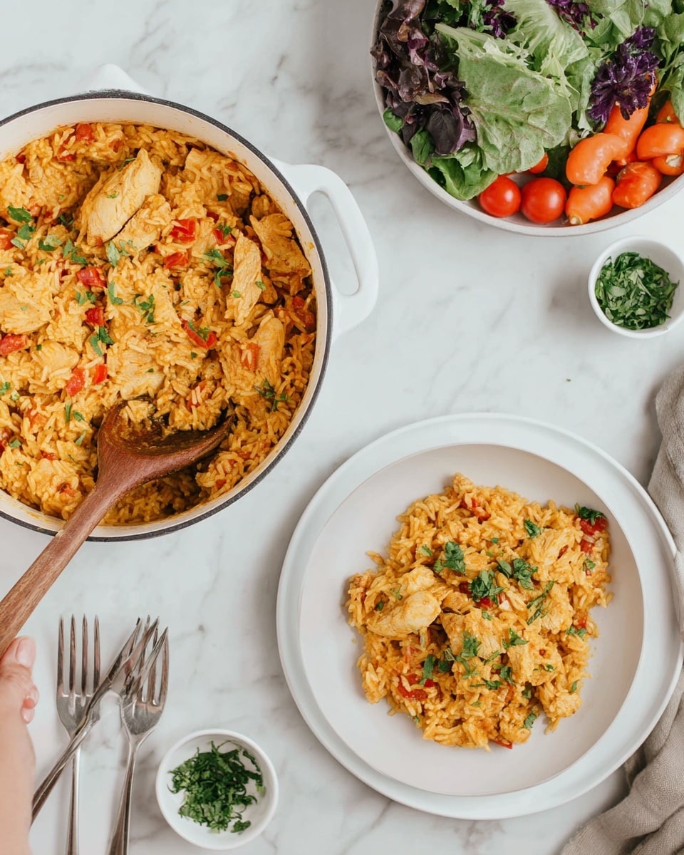 The image shows a white pot filled with creamy orange rice mixed with chunks of cooked chicken and bits of red vegetables, giving it a textured and hearty look. Next to the pot, on a white marbled surface, there is a white plate with a scoop of the rice and chicken mixture garnished with green herbs. Nearby, two silver forks rest crossed on another white plate, ready to be used. In the background, there is a white bowl with a fresh salad made of green and purple leafy greens, bright orange baby carrots, and small red tomatoes. Small white bowls with chopped green herbs sit near the dishes, completing the scene. A woman's hand holds a wooden spoon in the pot, ready to serve. photo taken with an iphone --ar 4:5 --v 7