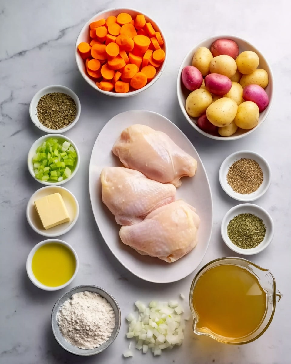 The image shows a white oval plate in the center with two uncooked chicken pieces, pale pink in color and smooth in texture. Around the plate are several small white bowls and dishes with various ingredients: sliced bright orange carrots in one bowl, halved red and yellow small potatoes in another, diced white onions, chopped green celery, and small white garlic cloves scattered near the bottom. There are also small bowls containing golden yellow butter, light olive oil, a mound of white flour, and various spices including black pepper, dried green herbs, and ground seasoning. These items are arranged neatly on a white marbled surface, with a clear glass jug of light amber broth placed in the lower right corner. The scene is clean, colorful, and organized, showing all ingredients ready for cooking photo taken with an iphone --ar 4:5 --v 7