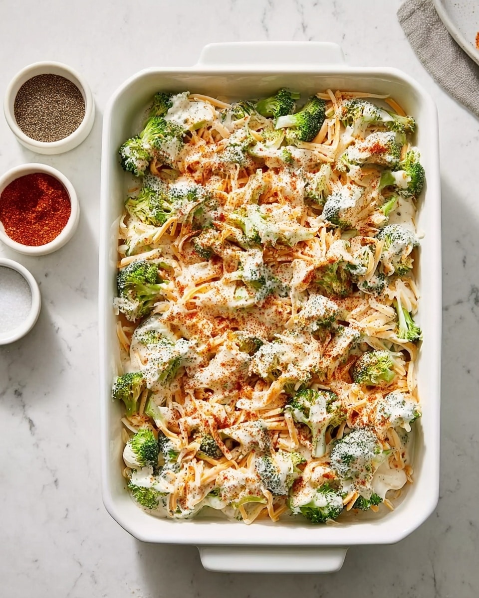 A white rectangular baking dish filled with two main layers: the bottom and middle layer consist of green broccoli florets scattered evenly, topped by a thick layer of shredded pale orange and white cheese mixed with a creamy white sauce; the whole dish is sprinkled with a light dusting of reddish-brown powder and some black pepper specks creating a textured surface. The dish is placed on a white marbled surface, with two small white bowls on the left side, one containing a red powder and the other a mix of salt and black pepper. photo taken with an iphone --ar 4:5 --v 7