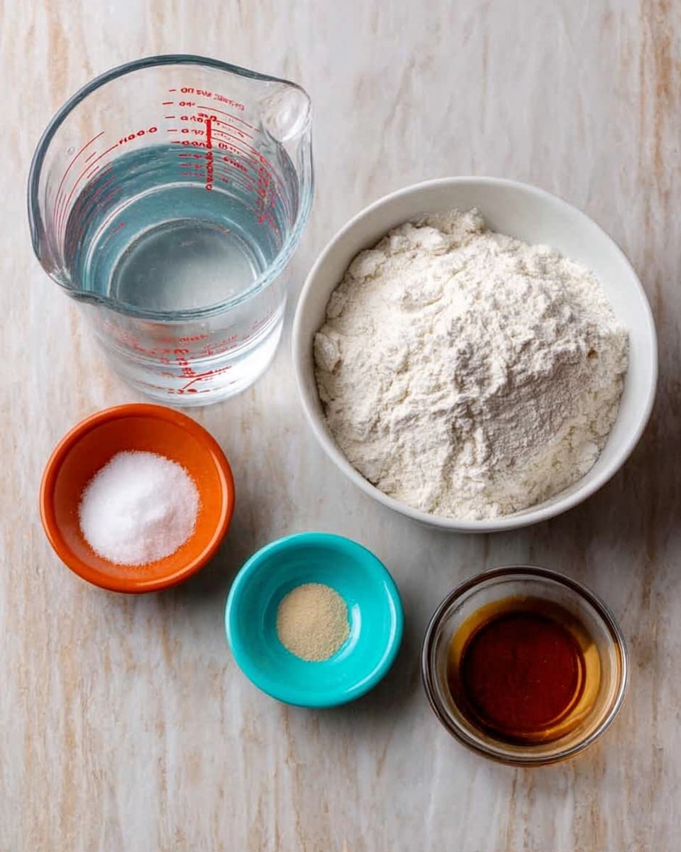 A clear glass measuring cup filled with water sits on a white marbled surface on the left side. Next to it on the right, there is a white bowl filled with a mound of white flour, overflowing slightly. In front of these two larger containers, there are three small dishes arranged in a row: an orange dish with white salt, a turquoise dish with beige dry yeast, and a clear glass dish with brown liquid, most likely oil. The overall setup shows all ingredients clearly separated, with a natural light shining softly from the left side. photo taken with an iphone --ar 4:5 --v 7
