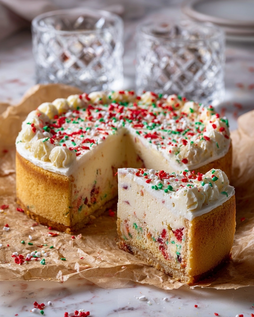 A round cake with three visible layers sits on crumpled brown parchment paper over a white marbled texture. The bottom layer is a firm golden crust. Above that is a thick, creamy off-white middle layer with red and green sprinkles mixed inside. The top layer is a white frosting with red, green, and white sprinkles scattered across its smooth surface. A single slice is cut and slightly pulled out, showing clean edges and the colorful sprinkles clearly inside the cake. Some sprinkles have fallen onto the parchment paper and white marbled surface. In the background are two clear crystal glasses with reflections, adding a festive touch. Photo taken with an iphone --ar 4:5 --v 7