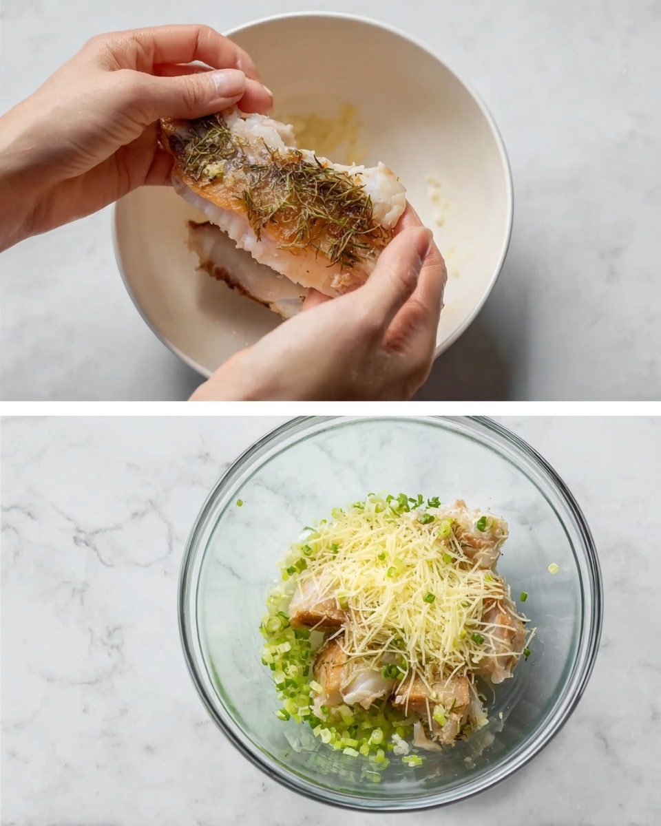 In the first image, a woman’s hands hold a piece of cooked fish over a white bowl, showing the fish’s pale pink inside with some bones visible, and the outside has a browned, slightly crispy texture with herbs. The background is a white marbled surface, adding a clean look. In the second image, a clear glass bowl sits on the same white marbled surface and contains several layers: chunks of the same cooked fish at the bottom, topped with finely chopped green onions and a layer of grated cheese, which is light yellow and fluffy, with a little melted butter or sauce lightly covering some parts. Photo taken with an iphone --ar 4:5 --v 7