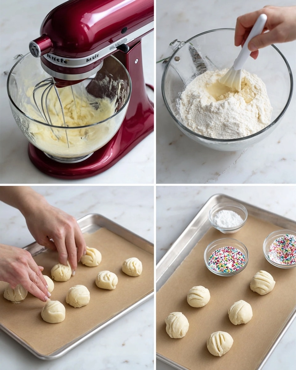 The images show the process of making cookie dough on a white marbled surface with a maroon stand mixer. In the first frame, a clear glass mixing bowl on the mixer holds pale yellow creamy dough, with a woman’s hand using a white spatula to scrape the bowl’s side. The second frame shows the dough being mixed with white flour, appearing as a thick white and yellow mixture. The third frame captures the woman’s hands rolling small smooth, pale dough balls on a baking tray lined with brown parchment paper, next to a small white bowl of white powder and a glass bowl of colorful sprinkles. In the fourth frame, one dough ball is flattened gently with a silver fork creating textured lines while the other dough balls remain round and smooth on the tray. Photo taken with an iphone --ar 4:5 --v 7