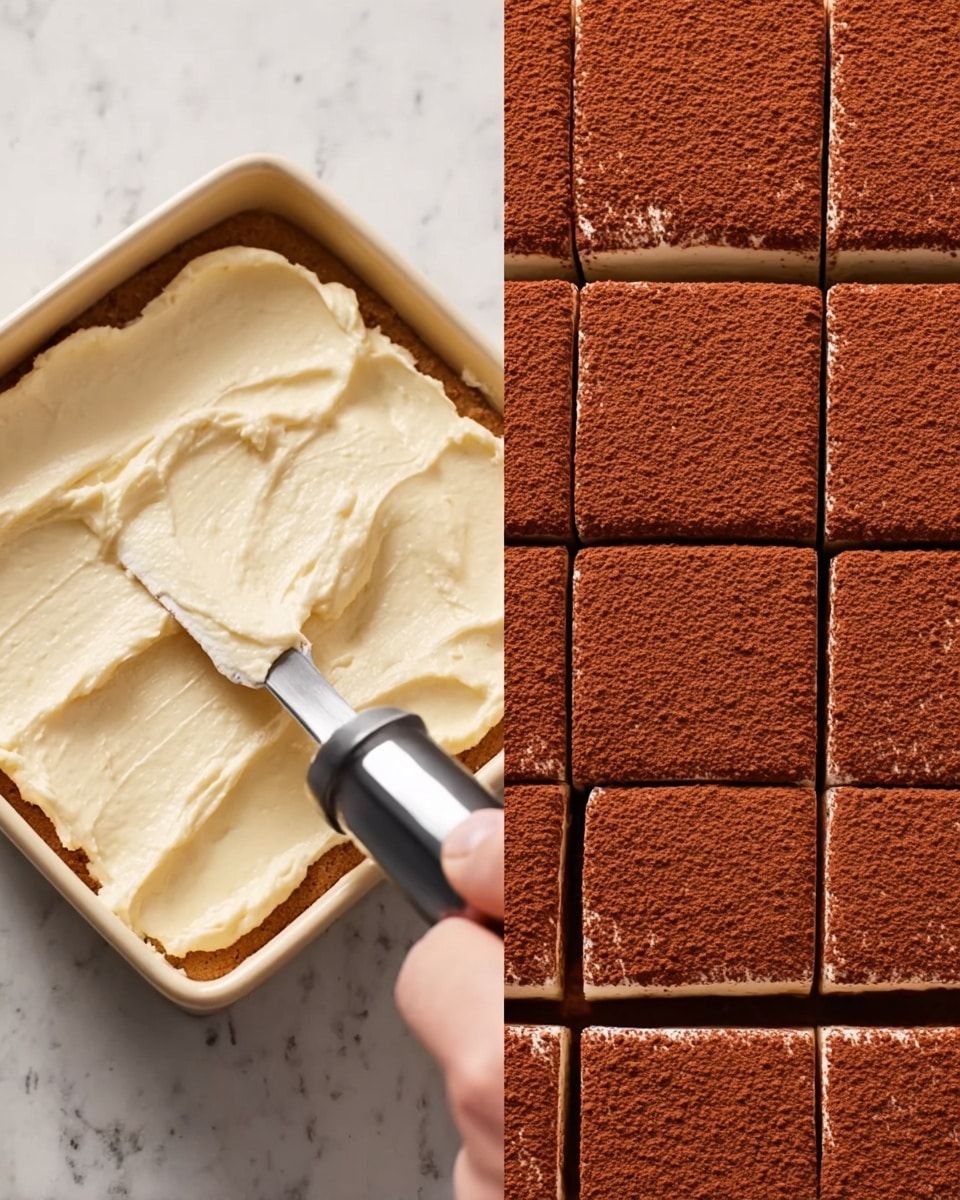 The image shows two parts of a dessert preparation. On the left side, there is a close-up of a rectangular container lined with light brown biscuits on the bottom and edges, covered with a thick, creamy, pale yellow layer that is being spread with a small metal spatula held by a woman's hand. The texture of the creamy layer is smooth and soft. On the right side, the dessert is fully assembled and sliced into neat square pieces. The top of the dessert is evenly dusted with a deep reddish-brown powder, likely cocoa, showing sharp edges and clean lines between the squares. The background surface is white marble. photo taken with an iphone --ar 4:5 --v 7